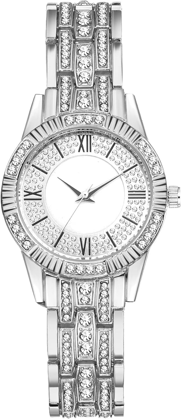 Detalle de JewelryWe Armbanduhr Damen Elegant Strass – Rechteckig/Rund, Quarz, Metallarmband