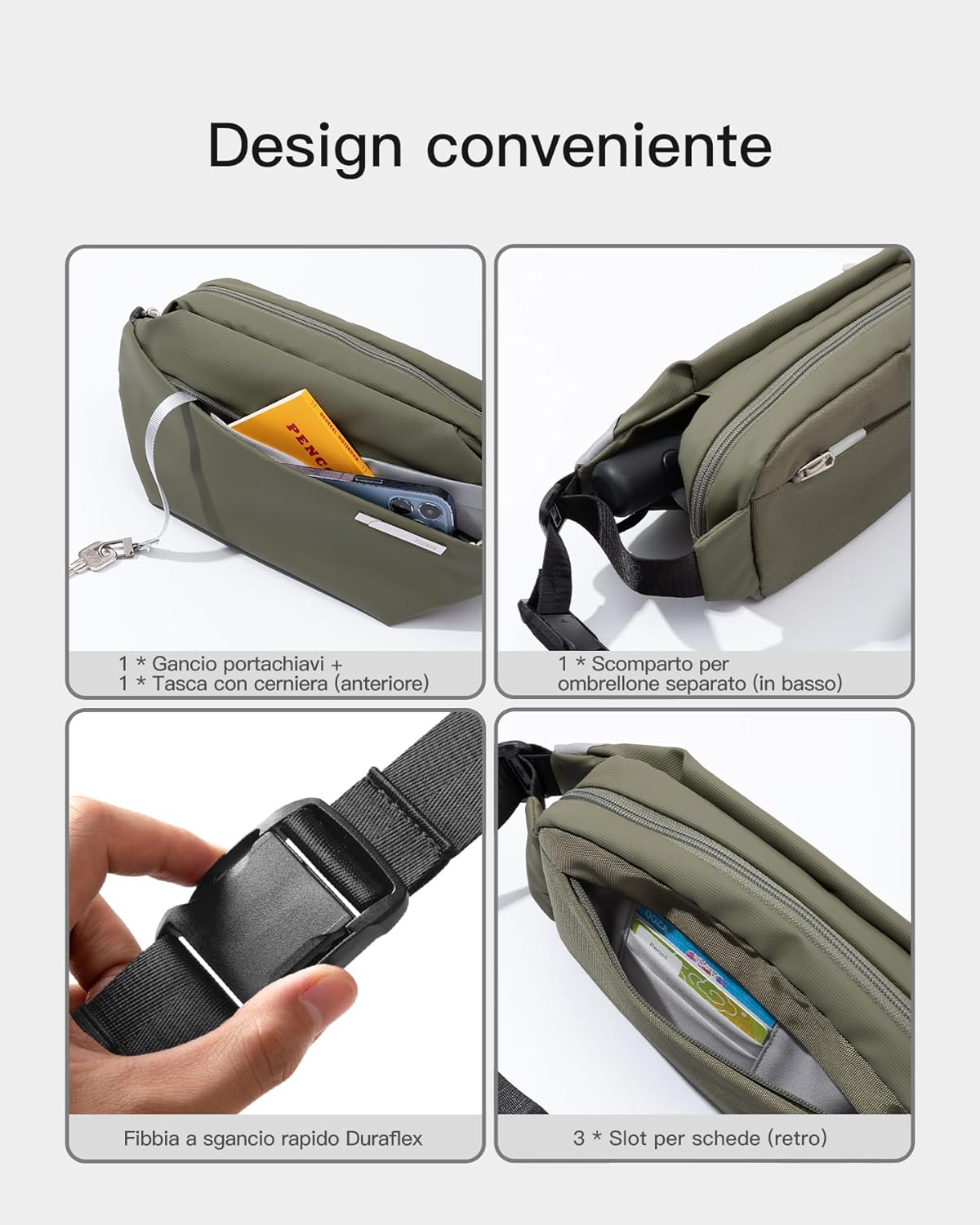 Detalle 2 de Inateck Sling Bag X – borsa a tracolla multiuso resistente agli spruzzi, 34 x 15 x 8 cm