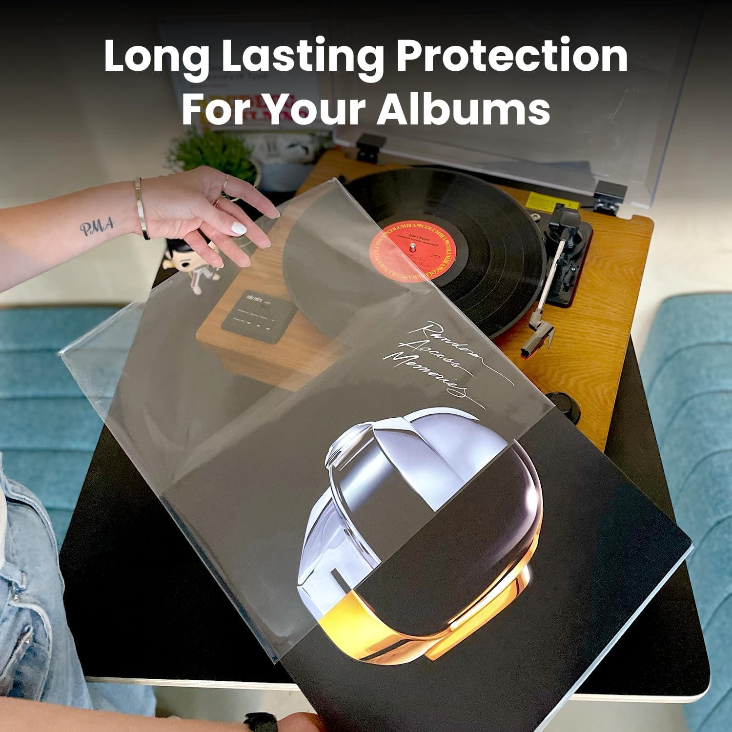 Detalle de EVEO 50 Vinyl Record Outer Sleeves – Crystal Clear 12.75" x 12.75", 3 Mil, Archival-Quality