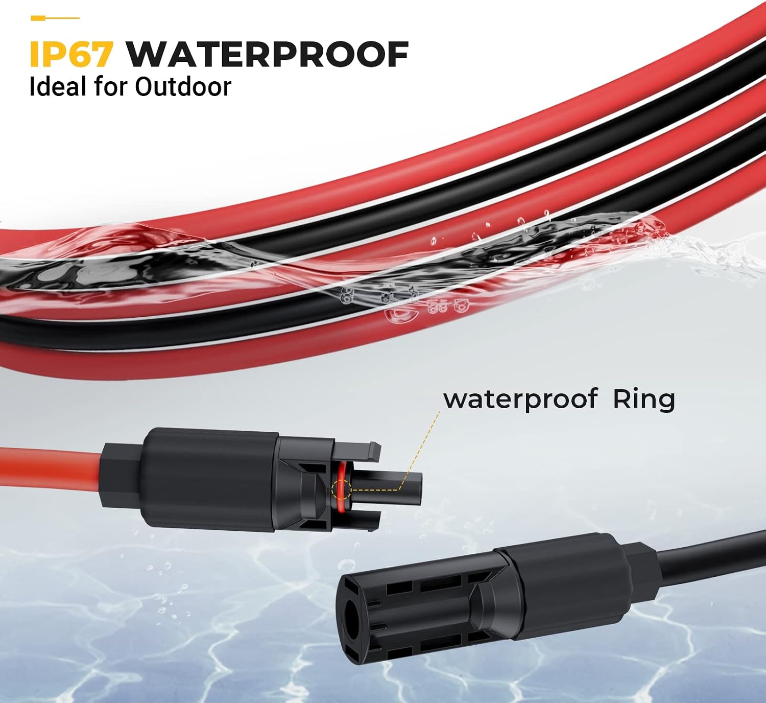 Detalle de BougeRV 6 Feet 8AWG Solar Extension Cable with Dual Connectors (Red + Black) — 6FT Pair Kit for Efficient Solar Wiring