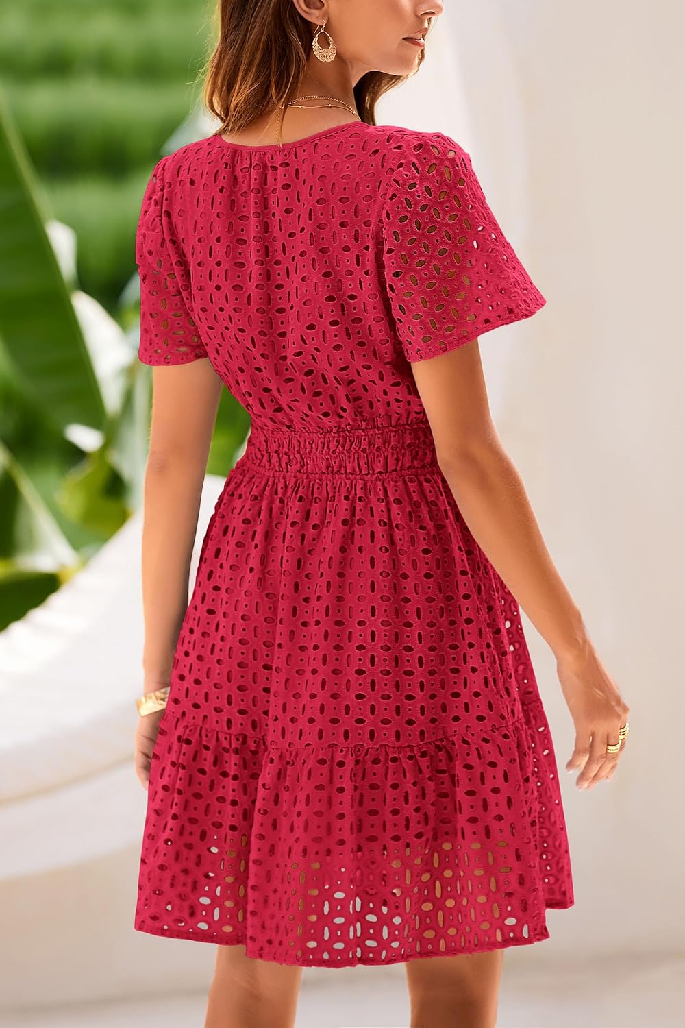 Detalle 2 de PRETTYGARDEN Women’s 2026 Summer Short Dress – V-Neck Short Sleeve A-Line Lace Mini