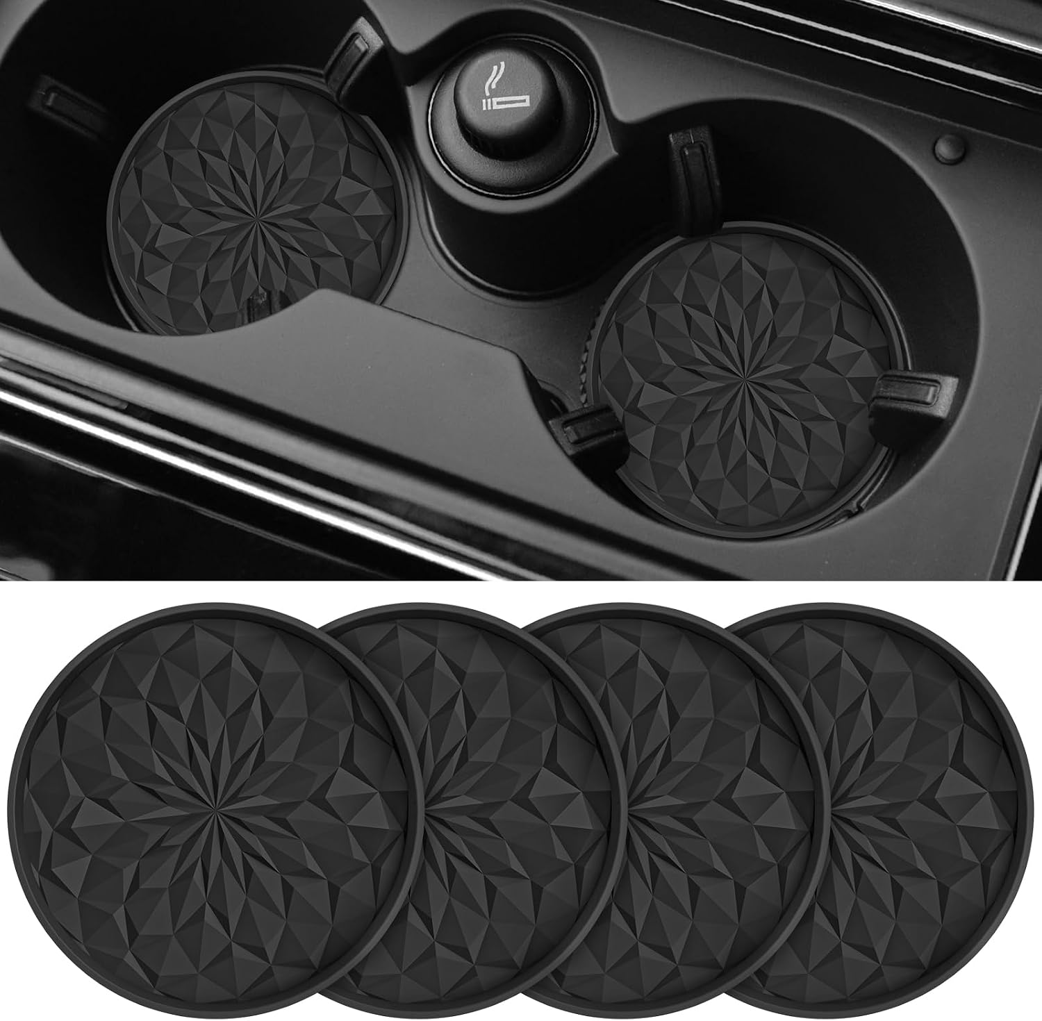 STLIAN Car Coasters for Cup Holders (4 Pack) – 2.75in Silicone, Non-Slip, Black