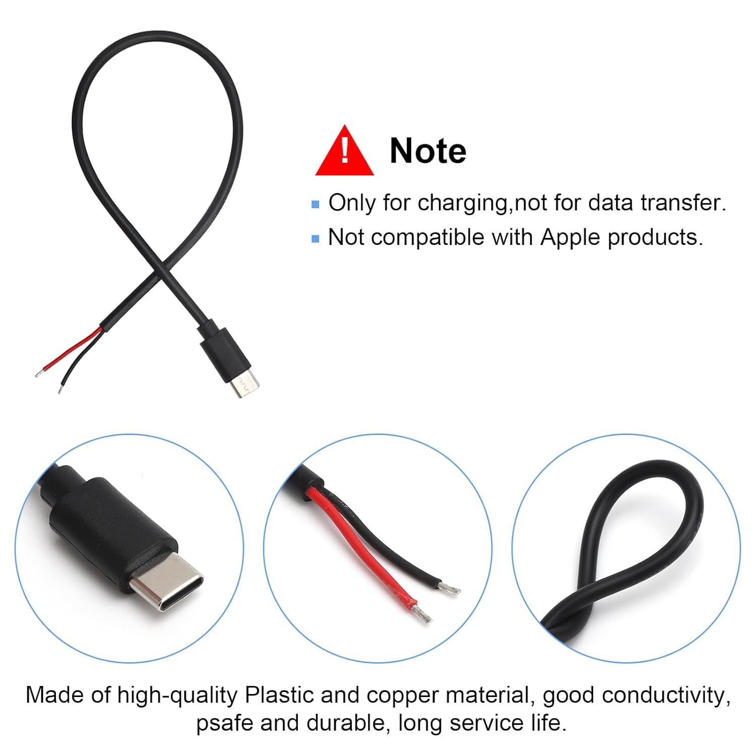 Thumbnail 2 de APOMOONS 5‑Piece USB Type‑C Pigtail Cable Extension (30cm) – 22AWG, 5V 3A, Open End 2‑Pin Wire for DIY Power Projects