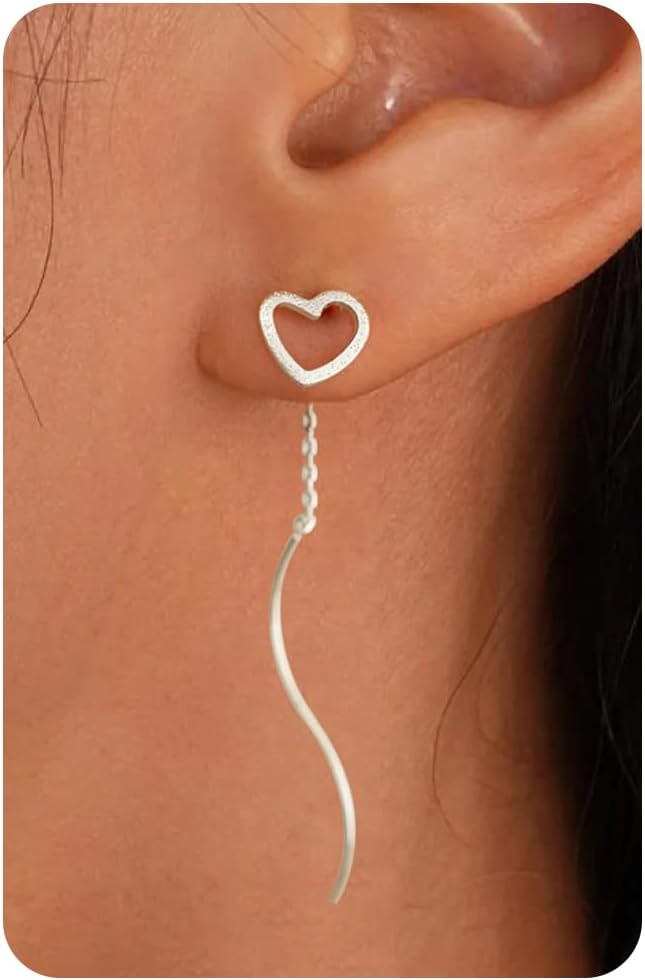 Detalle de HANLI Gold Heart Earrings for Women – Hypoallergenic 14K Gold Plated / Silver Love Heart Long Chain Threader