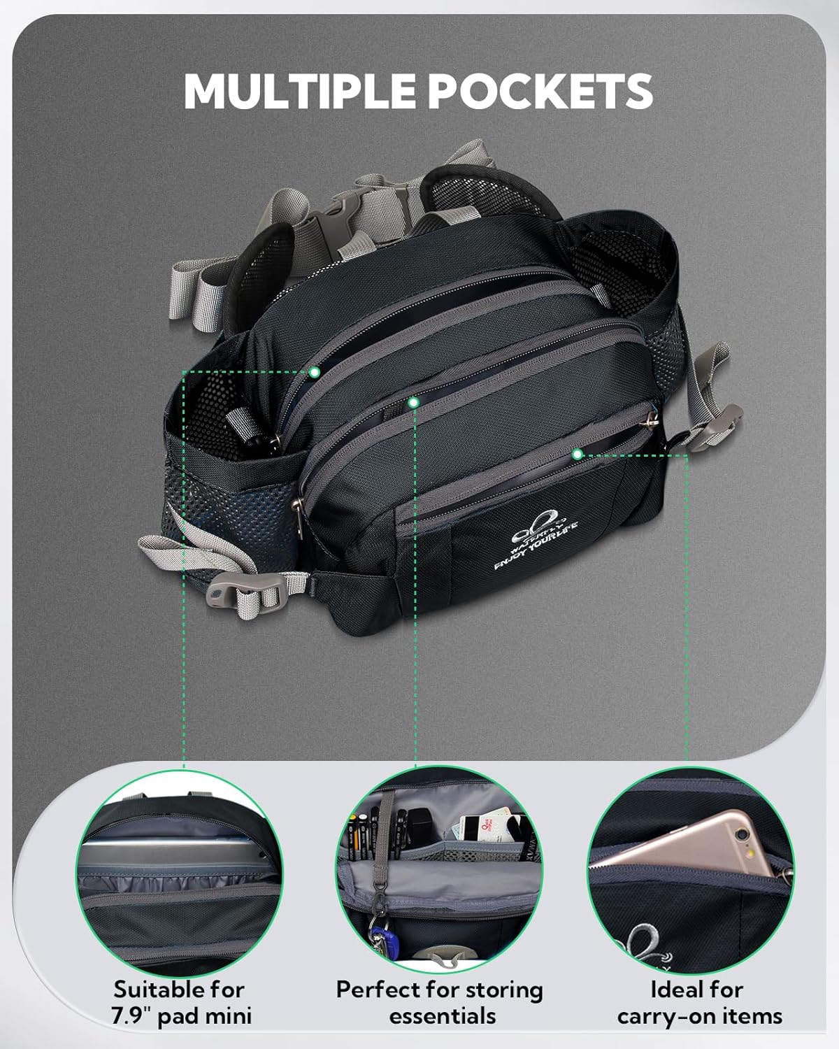 Thumbnail 2 de WATERFLY Gürteltasche mit Flaschenhalter – wasserabweisende Hüfttasche mit verstellbarem Gurt, Handyfach und Netz-Seitentaschen