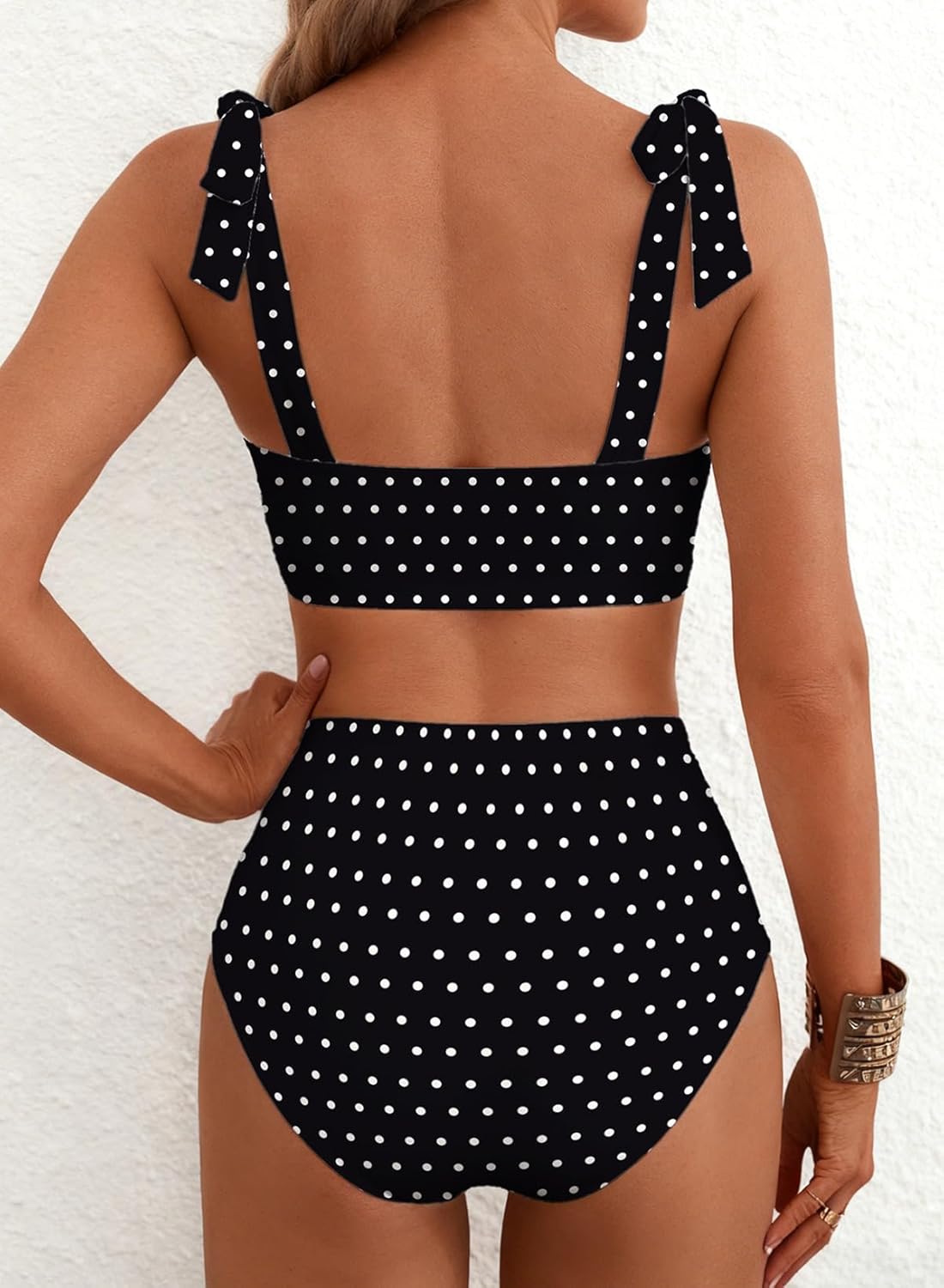 Detalle de Herseas Women's Tie Shoulder 2-Piece Striped High-Waisted Bikini Set