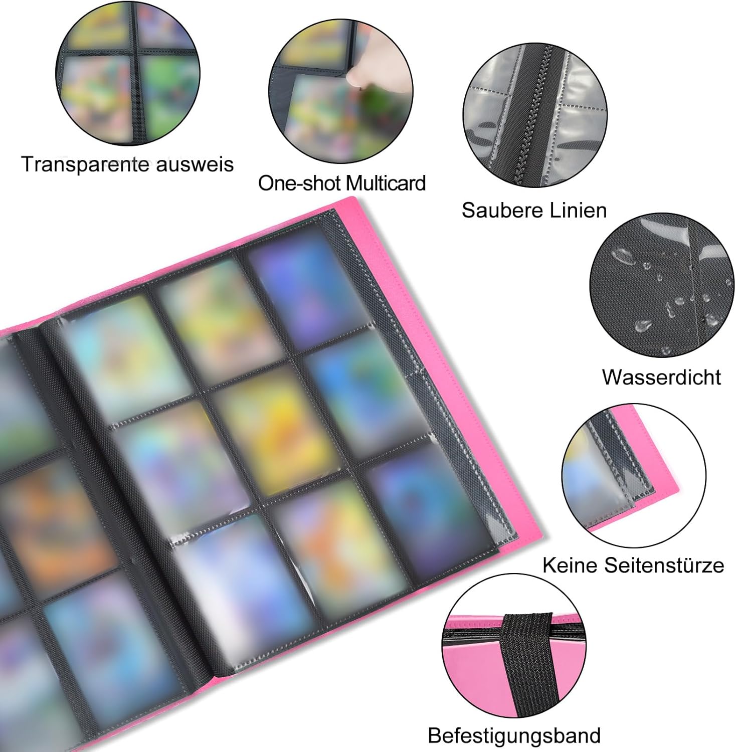 Detalle de JUSONEY Sammelkarten Album – 360 Pocket, 20 Seiten, 9 Taschen pro Seite, wasserdichtes Rosa Büchlein