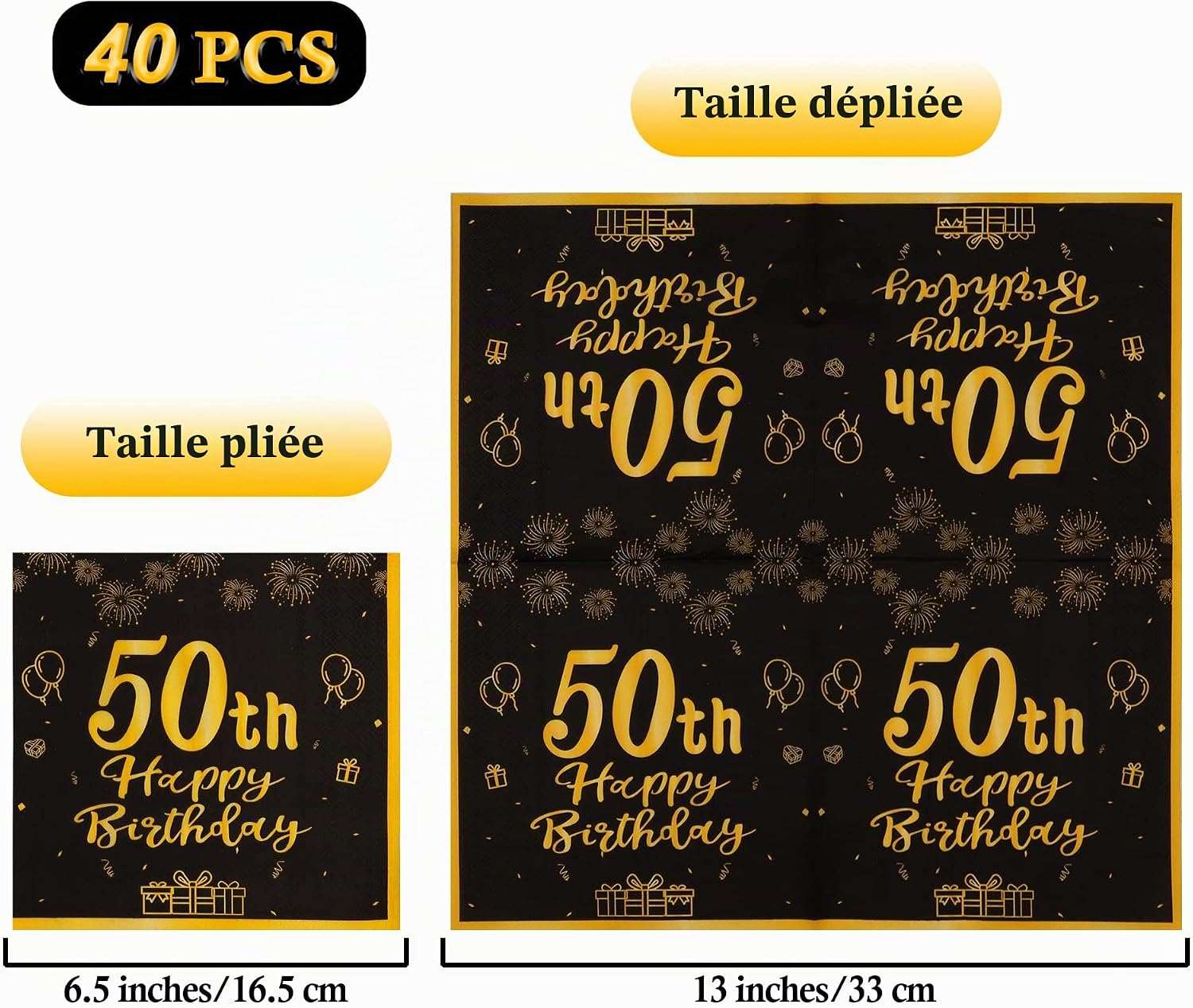 Detalle de TOPWAYS papieren servetten voor 50e verjaardag, zwart-goud, 2-laags
