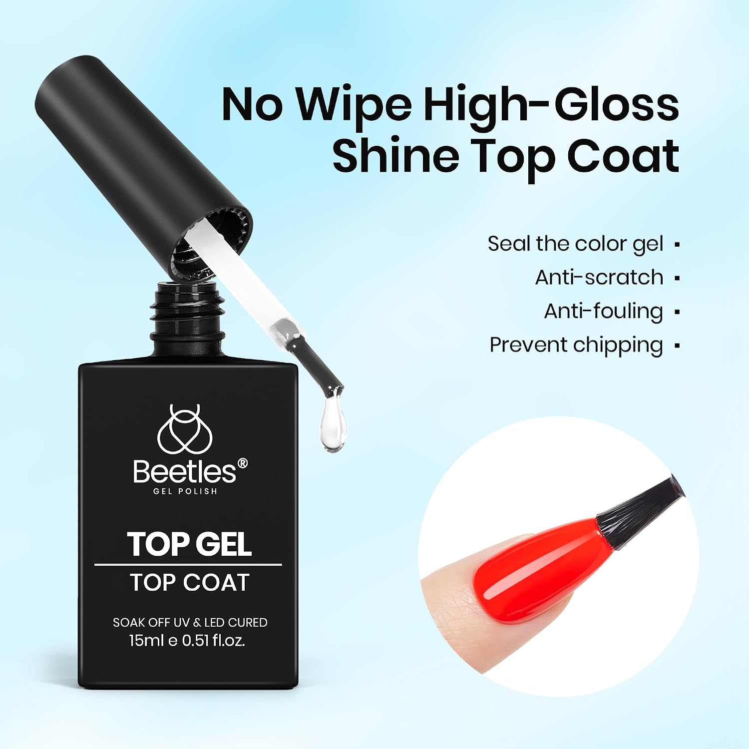 Detalle de Beetles No Wipe Gel Top Coat (2-Pack, 15ml) — High Gloss, Long-Lasting Clear Finish