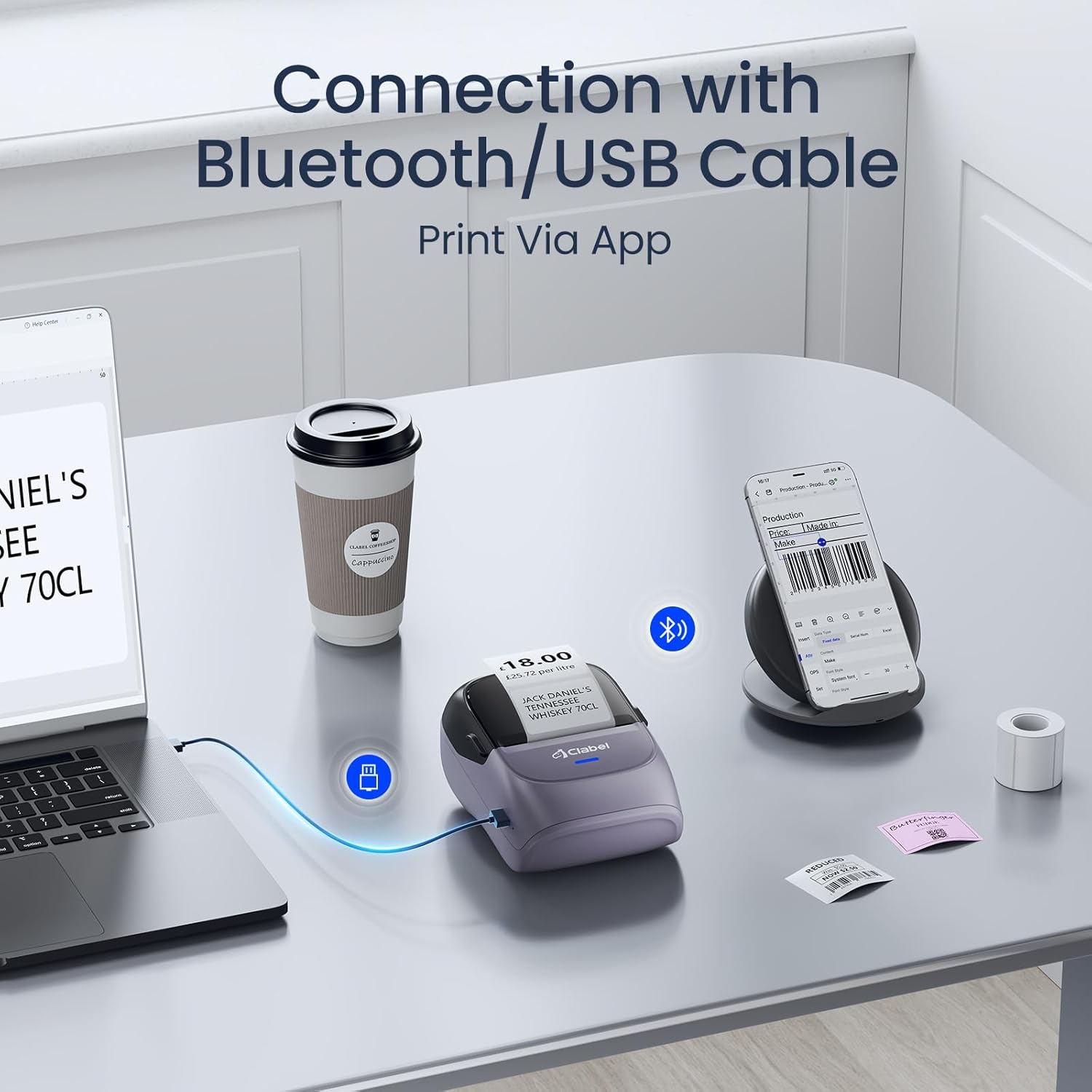 Thumbnail 2 de CLABEL 221B Mini stampante portatile per etichette termiche con Bluetooth e codici a barre (viola)