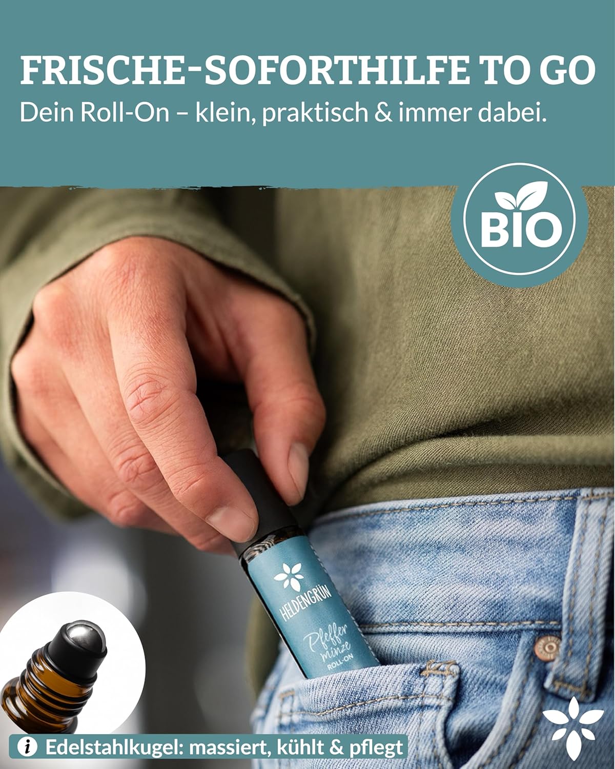 Detalle de Heldengrün BIO Roll-On Pfefferminze Kopfklar 10 ml