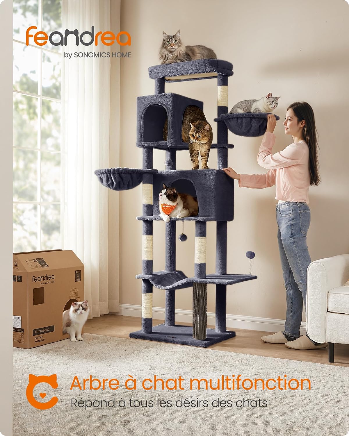 Thumbnail 2 de Feandrea Grand Arbre à Chat 190,7 cm – Tour à Chat multi-niveaux gris foncé (PCT183G02)