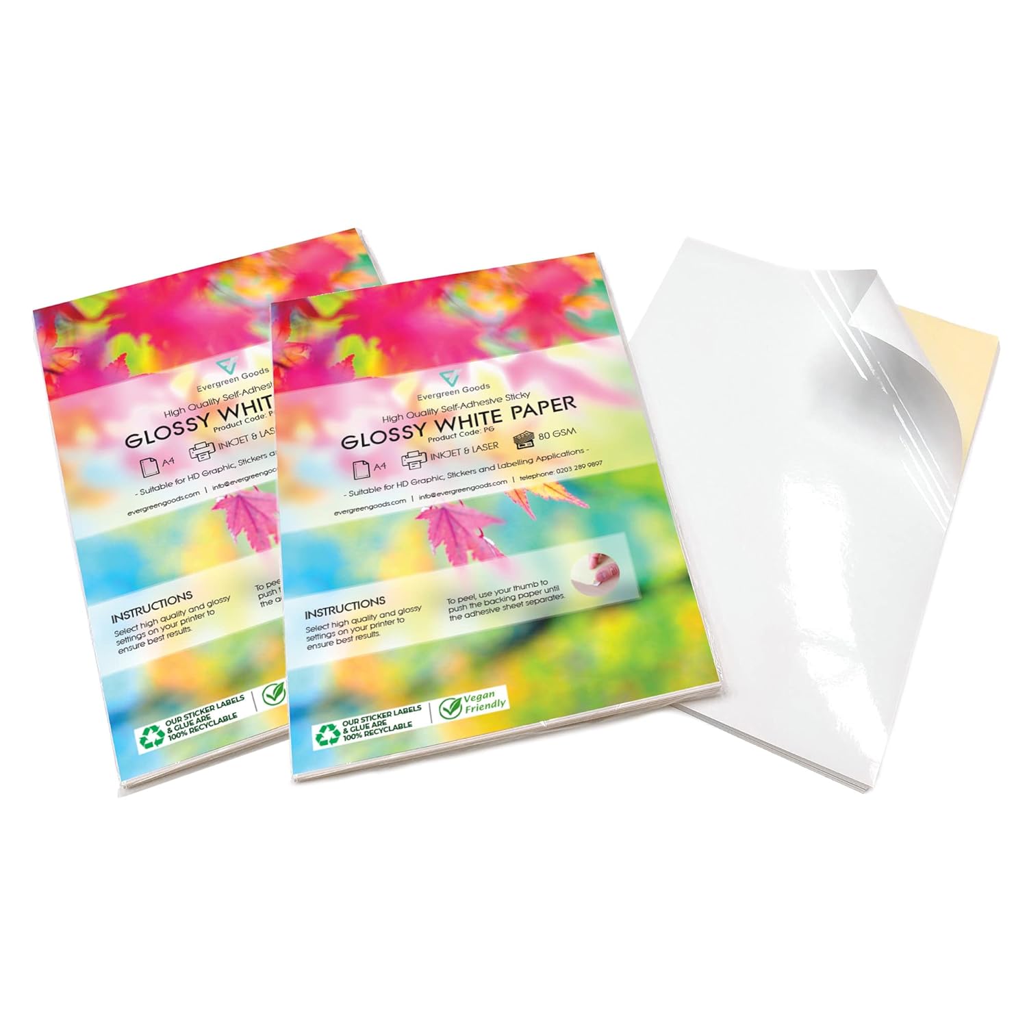 Evergreen Goods 100 Sheets A4 Glossy Self-Adhesive Sticker Paper