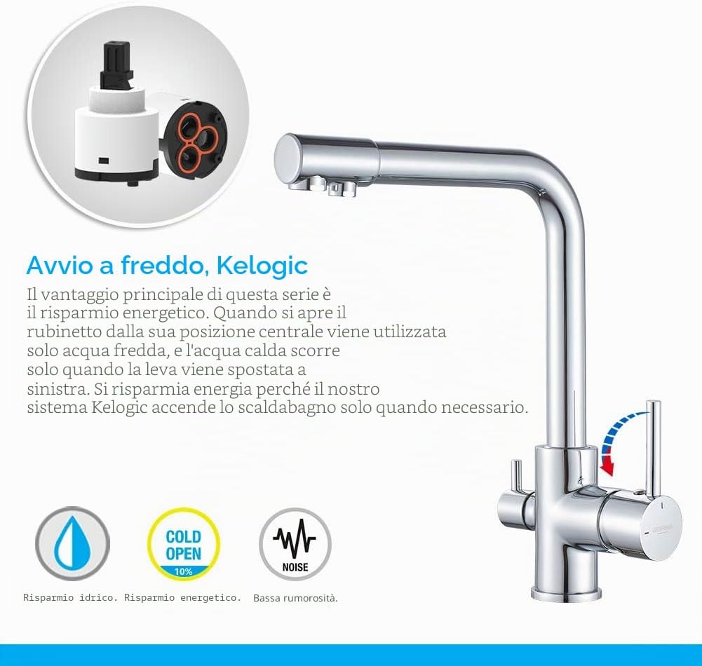 Detalle de GRIFEMA Dover-G4003: Rubinetto Cucina 3 Vie con Beccuccio Girevole 360° (G3/8) – Cromato