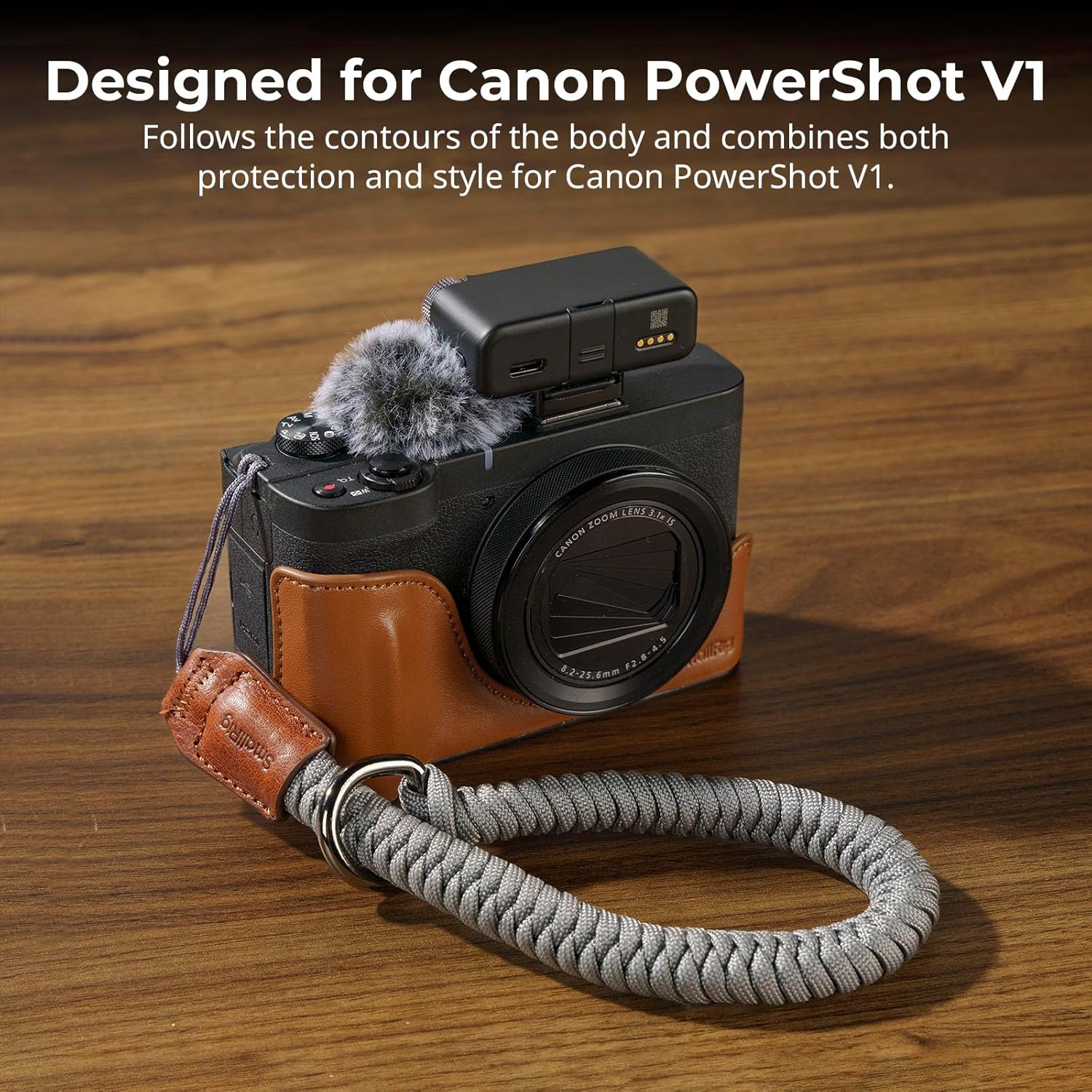 Thumbnail 2 de SmallRig Leather Case Kit for Canon PowerShot V1 (Brown) – Half Leather Case, Flip Cover, Wrist Strap & Furry Windscreen