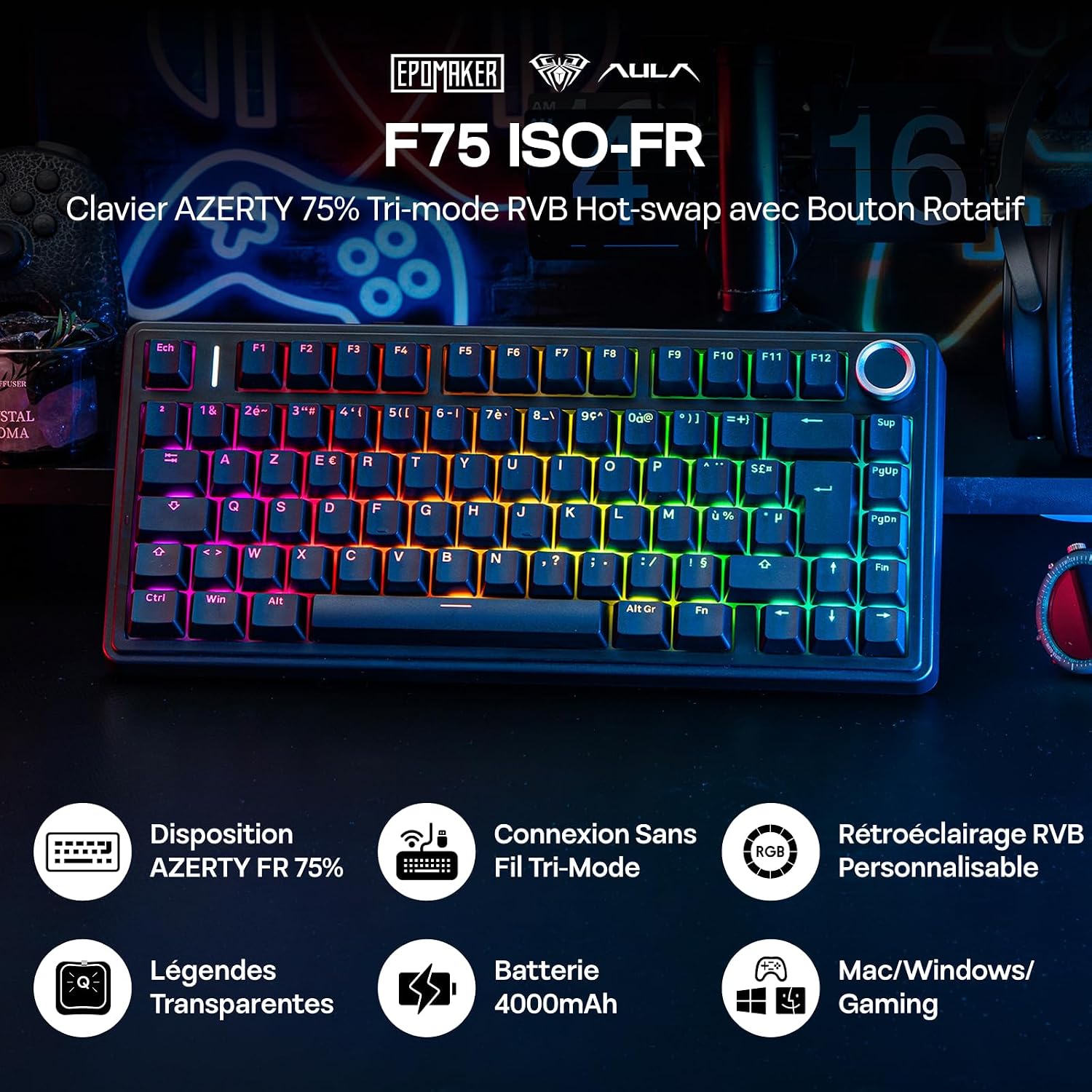 Thumbnail 1 de EPOMAKER Aula F75 ISO-FR : clavier mécanique sans fil 75% AZERTY (RGB, hot-swap, gasket)