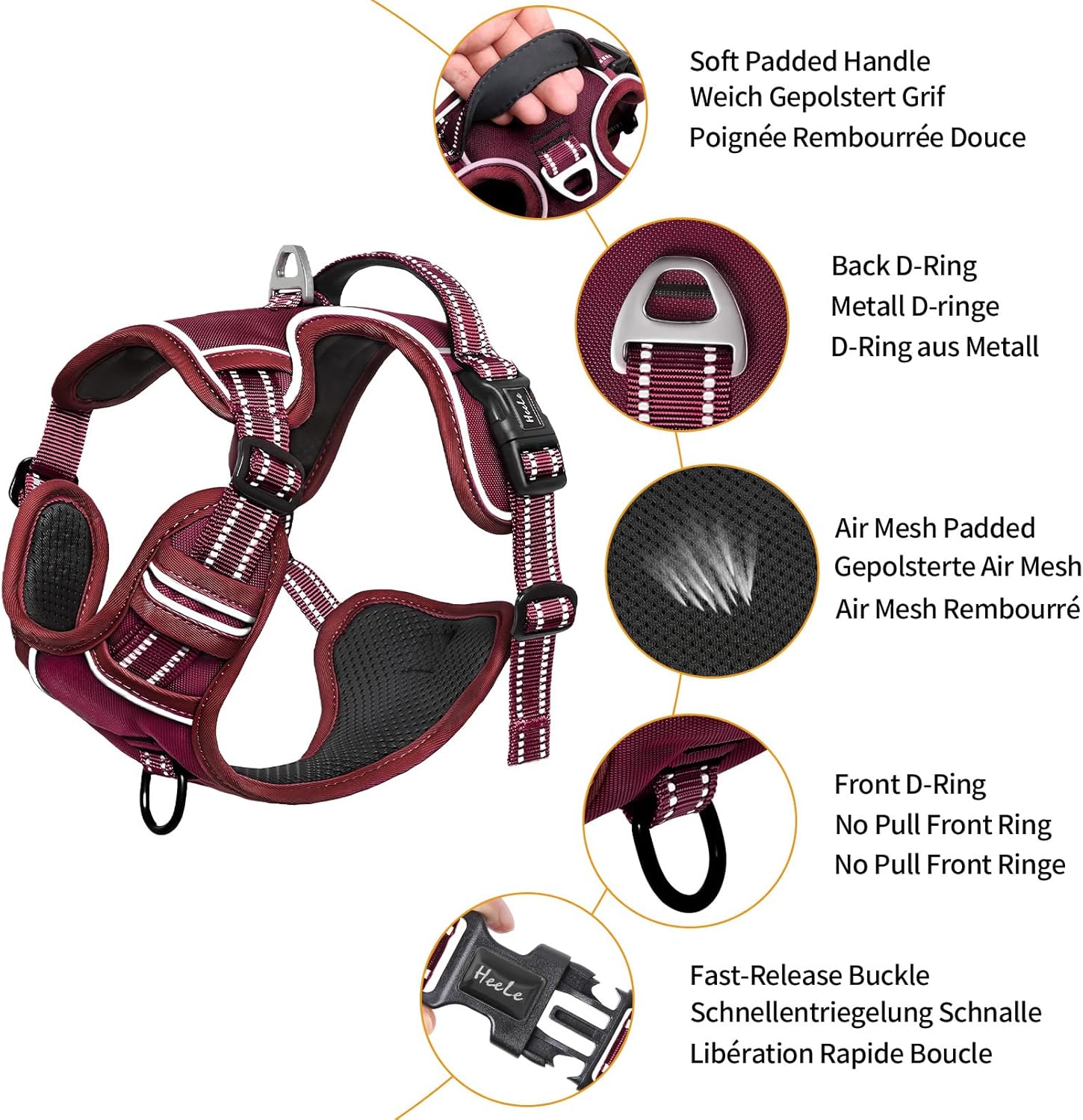 Detalle 2 de HEELE No-Pull Dog Harness for Small Dogs – Burgundy Red, Size S