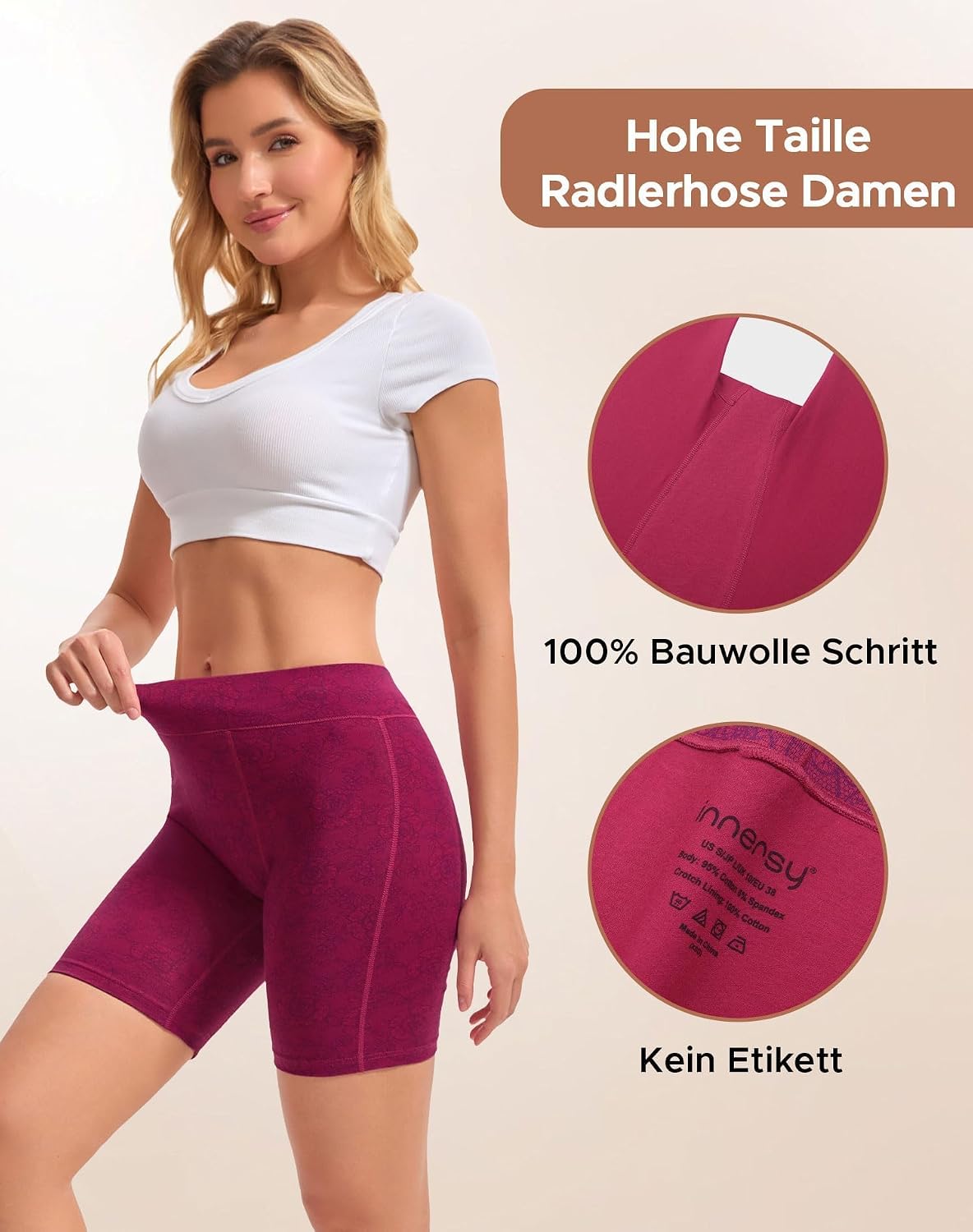 Detalle de INNERSY boxershorts för kvinnor i bomull, hög midja, 3-pack