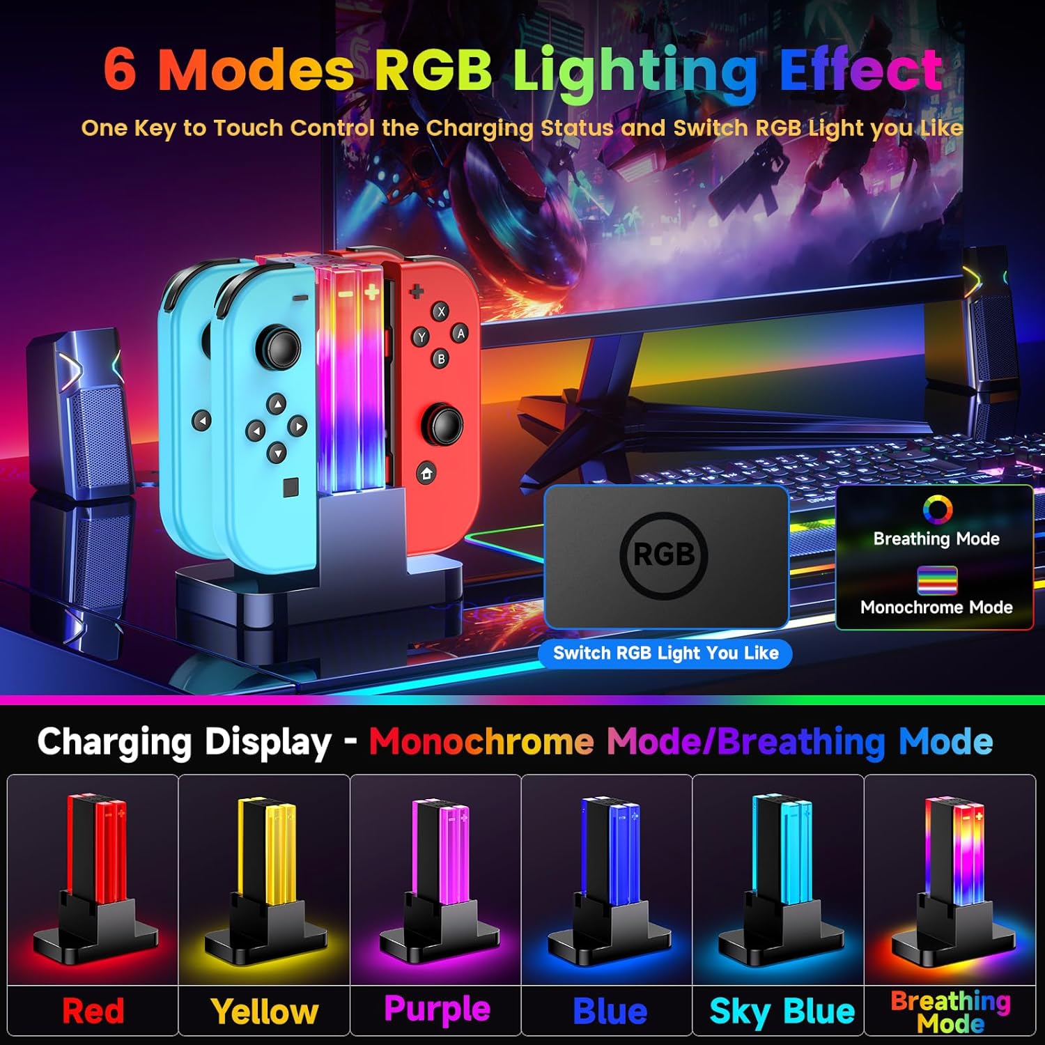 Thumbnail 1 de Wenocally Switch Controller Charger Dock per Joy‑Con con luci RGB