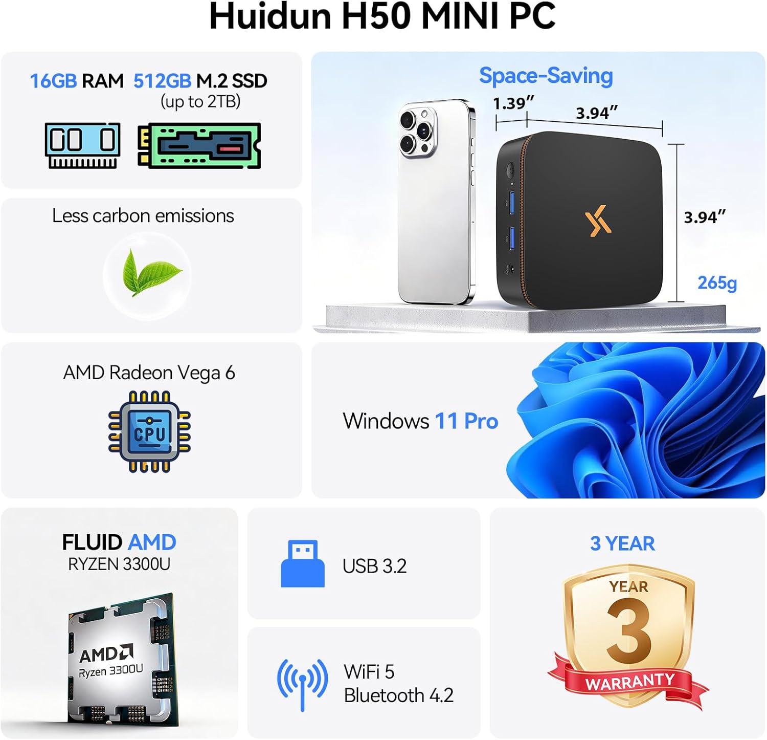 Detalle de Huidun 2026 New H50 Mini PC: Quiet, compact powerhouse for home office