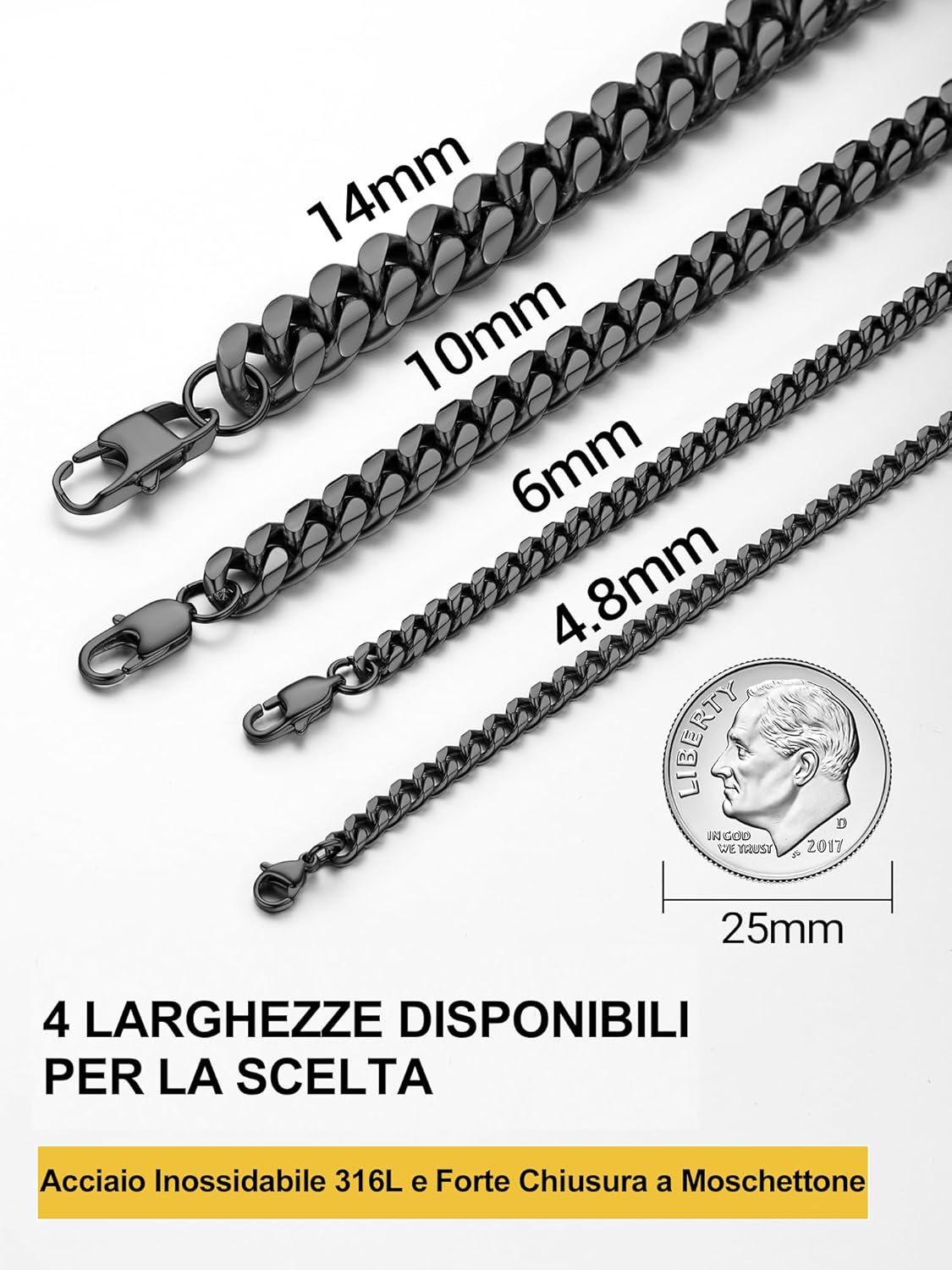 Thumbnail 2 de PROSTEEL Bracciale da Uomo in Acciaio Inossidabile / Placcato Oro – Catena a Maglie da 4,8 mm, 6 mm, 10 mm e 14 mm | Lunghezze 16, 19, 21 cm