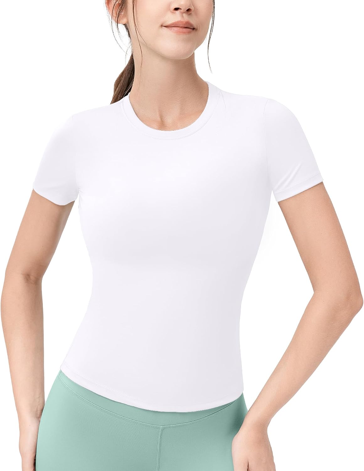 Detalle de POIHIDE Seamless Gym T Shirts Women Short Sleeve – Tummy Control Compression Top