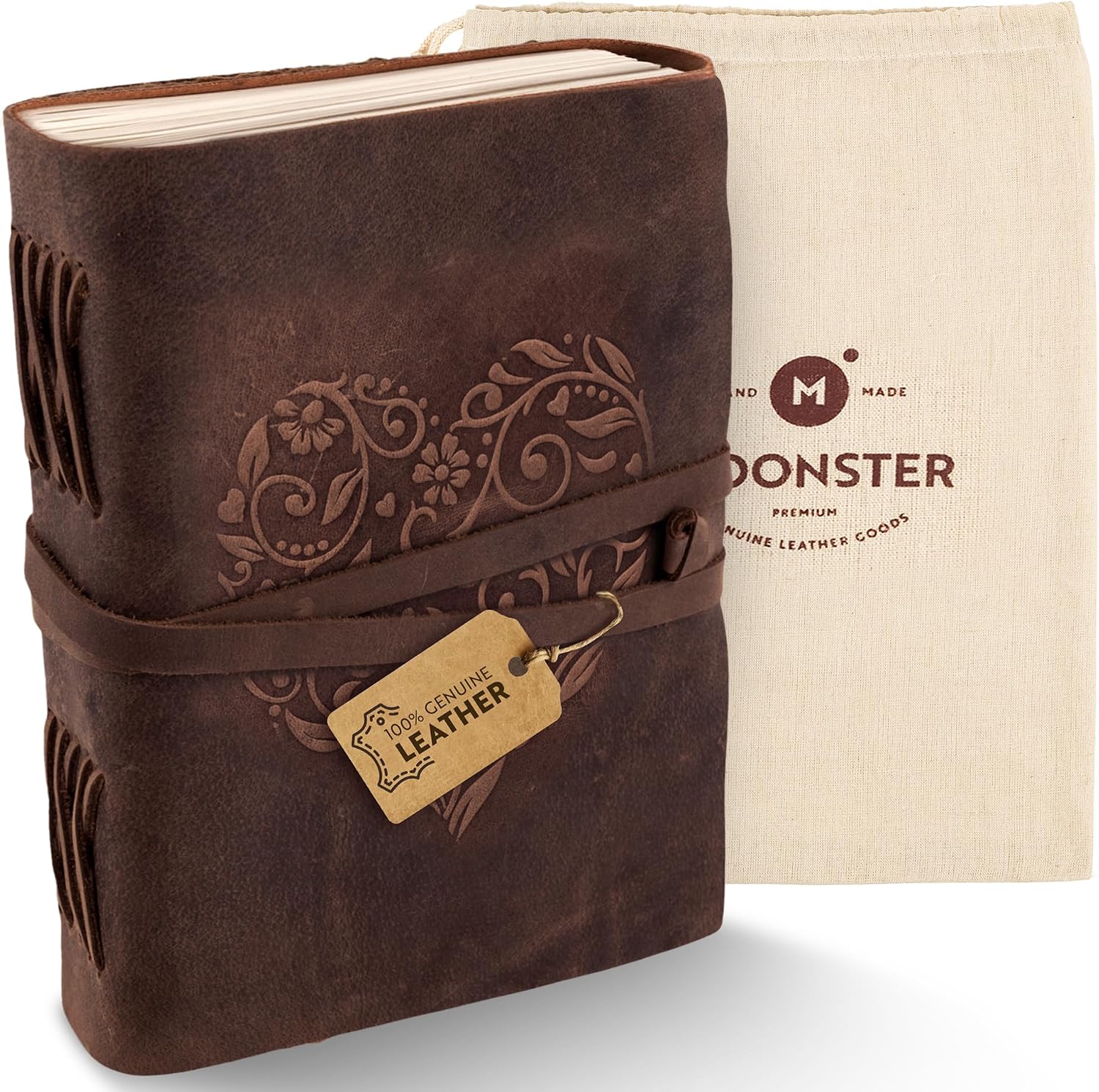 Detalle de Moonster Vintage Leather Journal with Heart Cover – Refillable 8x6 Notebook