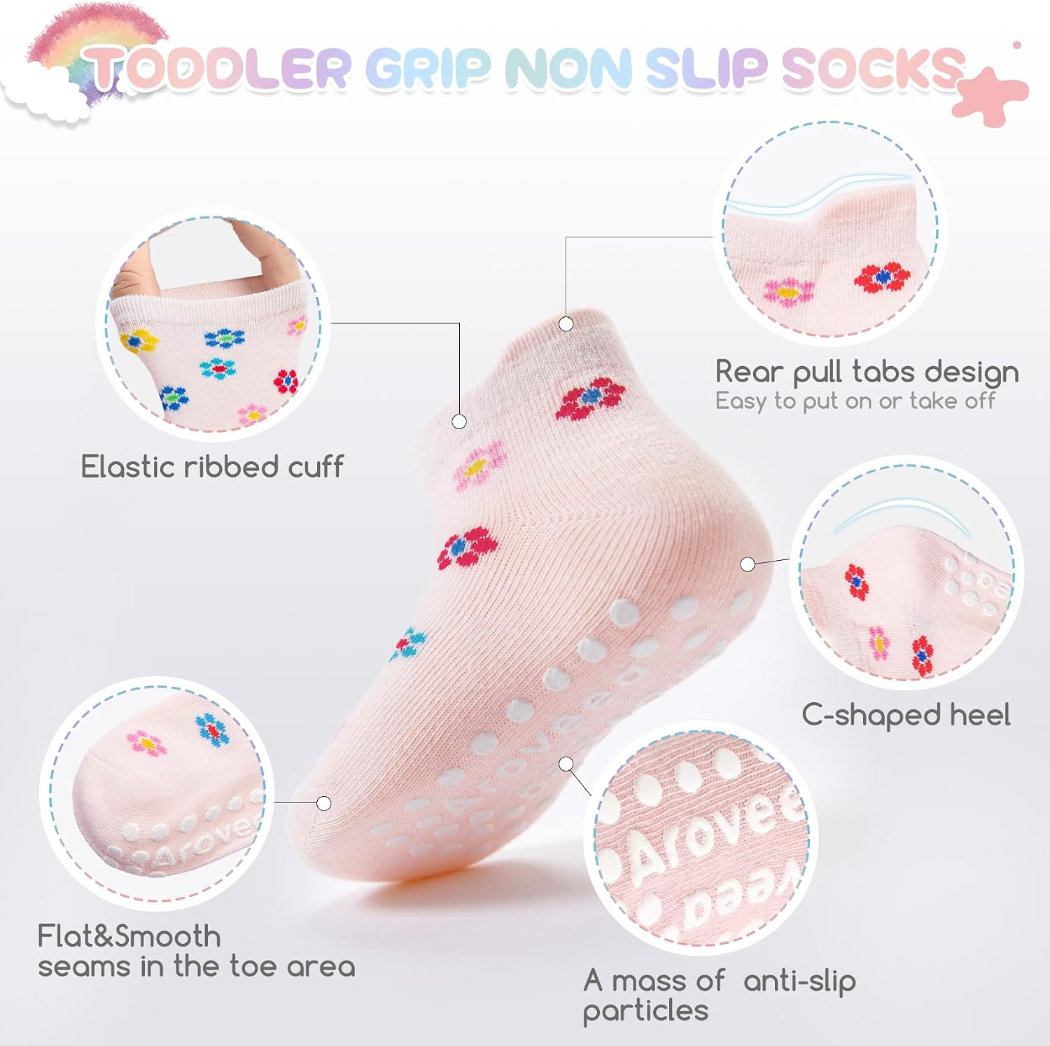 Detalle de Aroveea Ar-sock1 Toddler Grip Socks, 12-Pack Cotton-Rich Ankle Socks