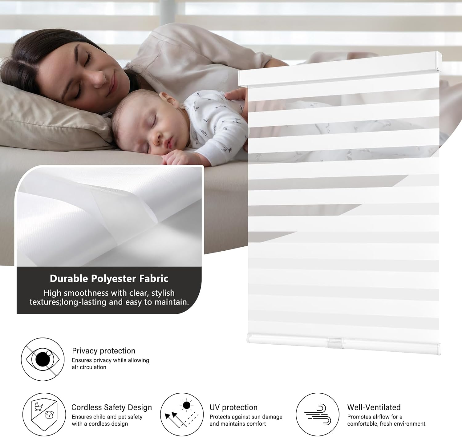 Detalle de AOSKY Cordless Zebra Blinds for Windows — 36" W x 47" H, White
