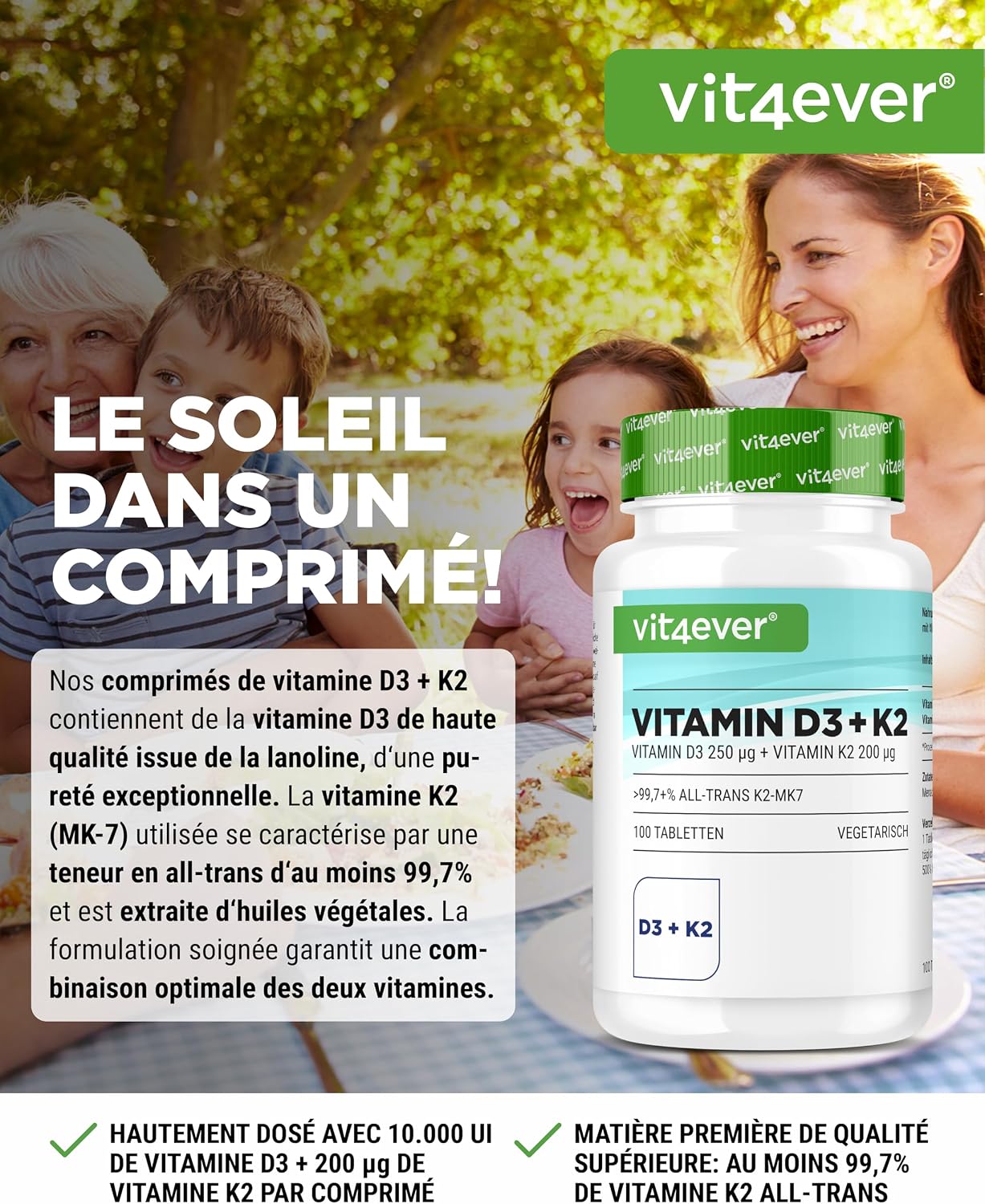 Detalle 2 de Vit4ever Vitamine D3 + K2 MK-7-100, 10 000 UI de D3 et 200 µg de K2 (MK-7), 100 comprimés