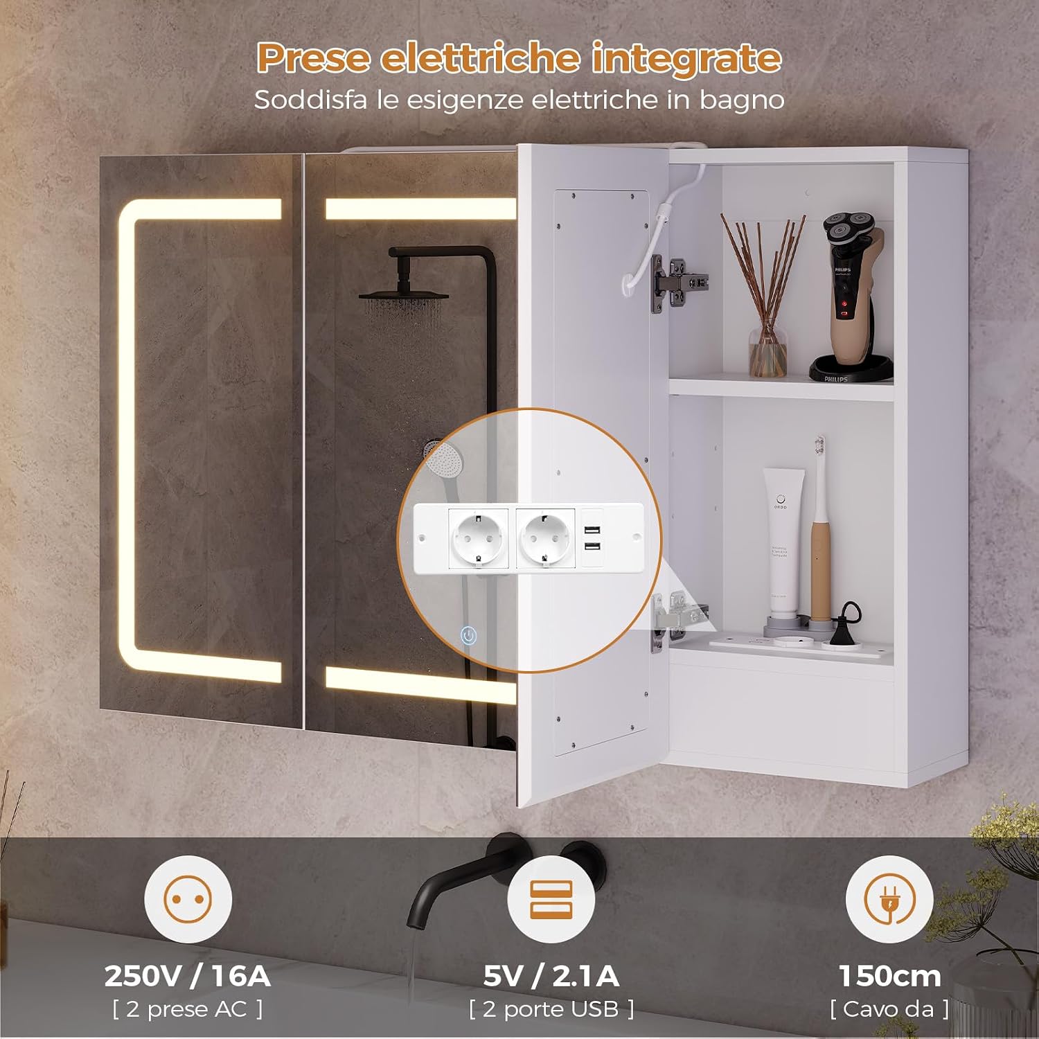Thumbnail 4 de Mojiasion Specchio Bagno con Contenitore LED, Presa Elettrica e 3 Ante 90x16x60 cm bianco