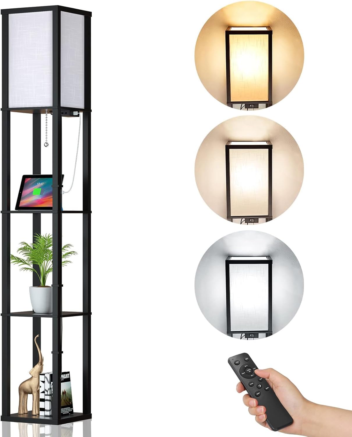 Detalle de Alampia golvlampa med hyllor, fjärrkontroll och dimbar E27-belysning