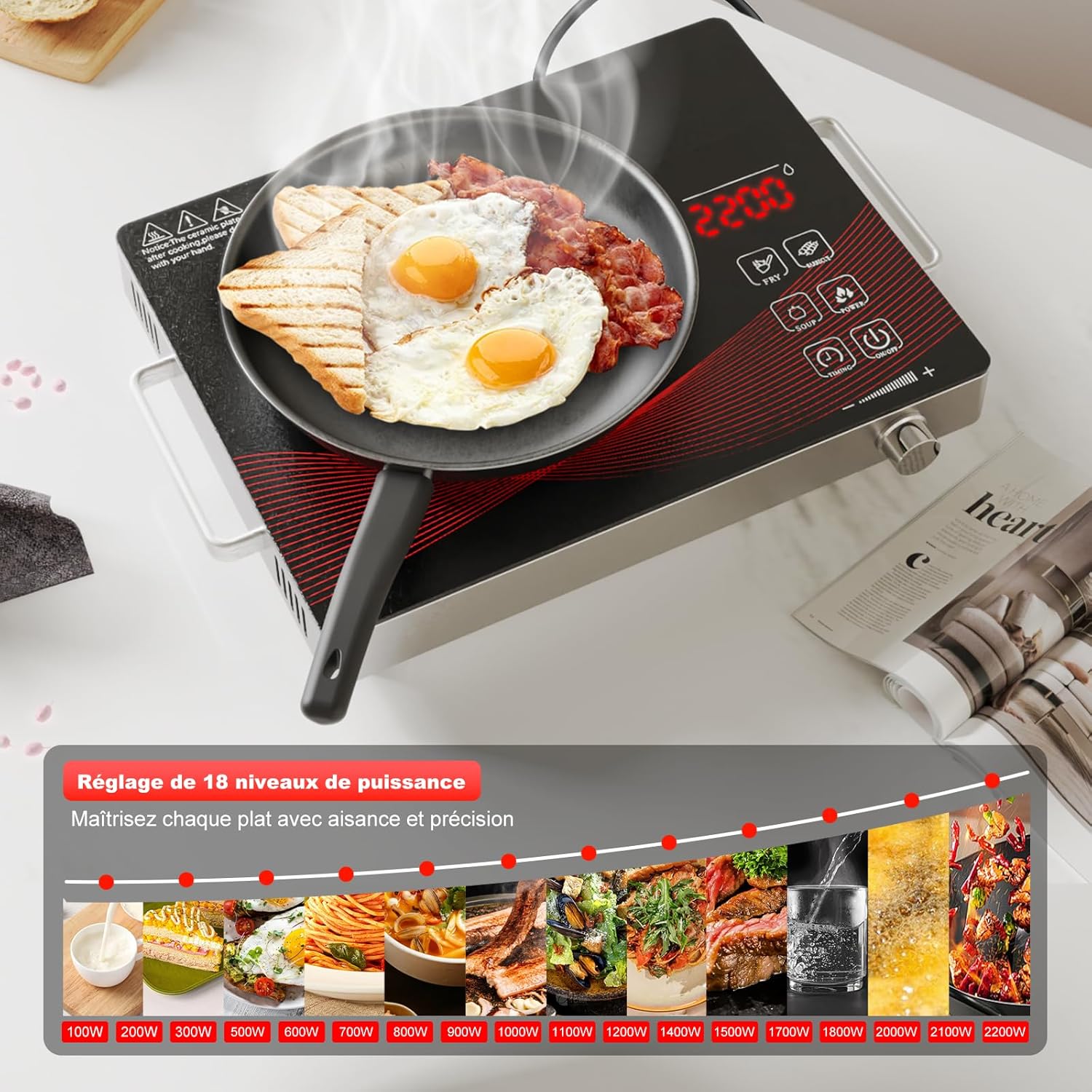 Thumbnail 4 de Argyolas Plaque de Cuisson Électrique 1 Feu 2200W – Vitrocéramique portable pour camping et cuisine