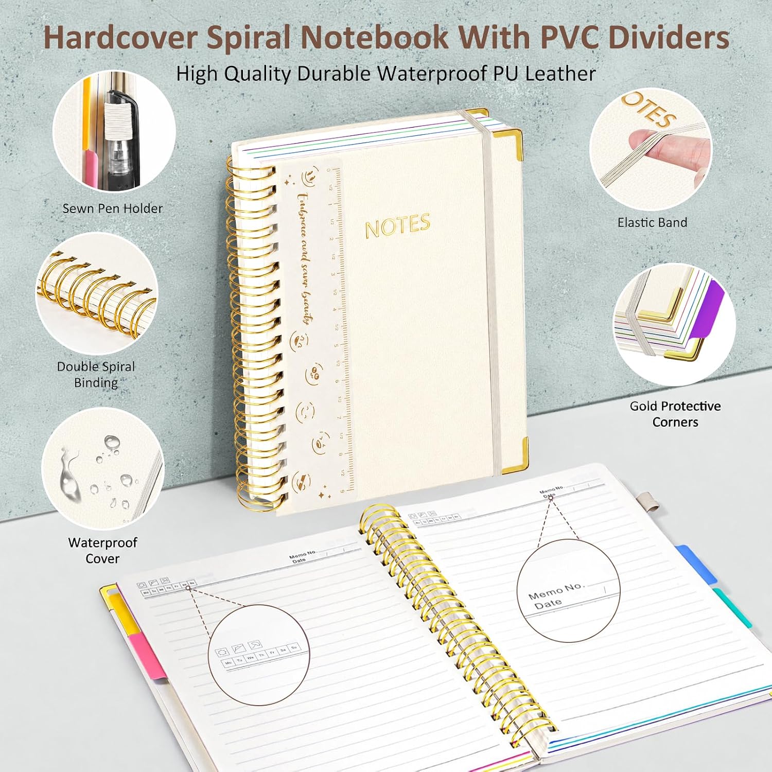 Detalle 2 de RIANEAN 8" x 10" Hardcover Spiral Notebook, 5 Subjects, 300 Pages