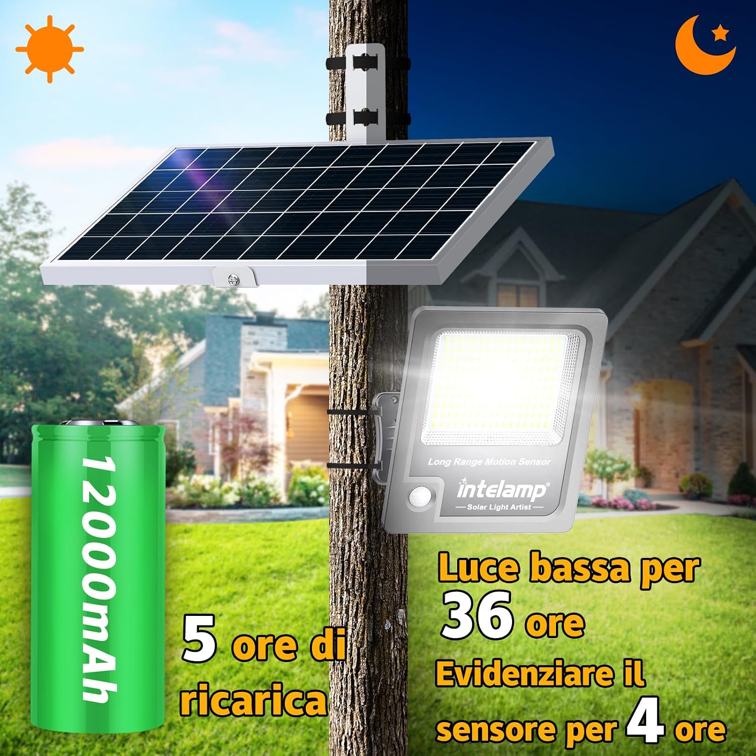 Detalle de INTELAMP Faro Led Esterno con Pannello Solare 12000mAh, 3000LM, Impermeabile IP65, Telecomando e Sensore