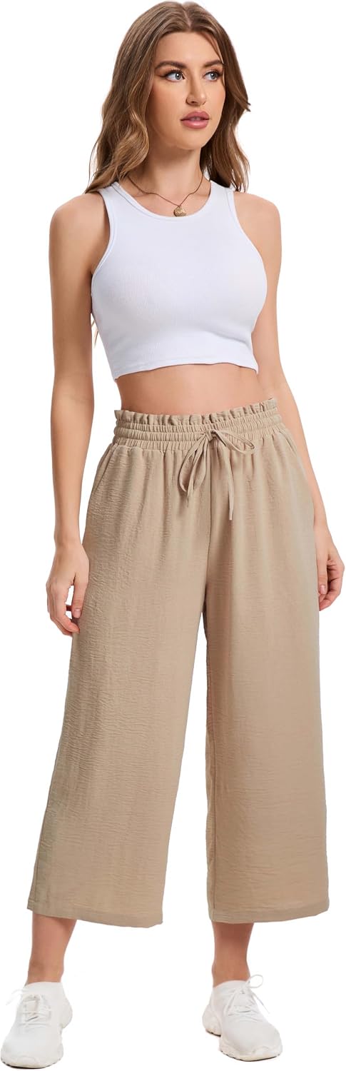 Thumbnail 3 de WUWUSKY Womens Capri Pant Wide Leg Trousers with Pocket — Elasticated High Waist Summer Linen-Feel Comfort