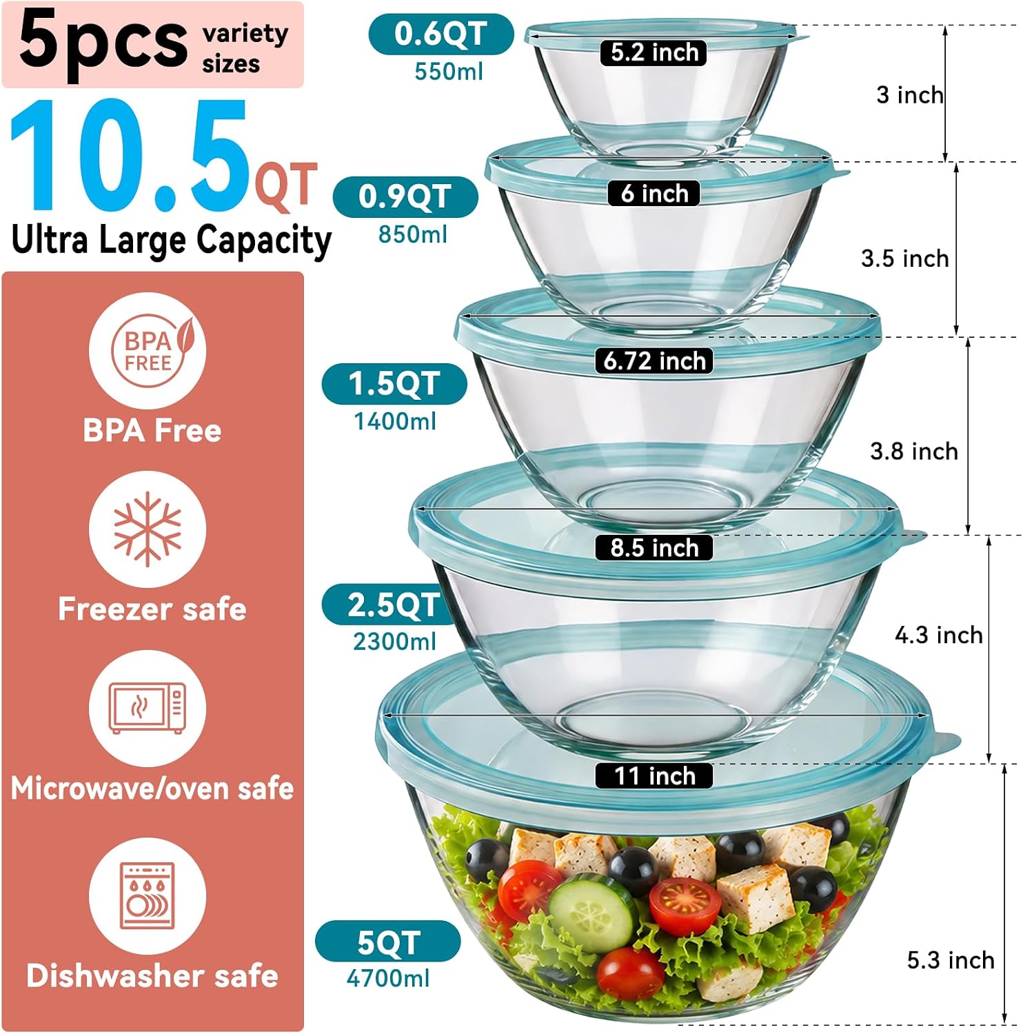 Thumbnail 3 de YUANYE 5 Pack Glass Mixing Bowls with Lids Set (5/2.5/1.5/0.9/0.6QT) with Nesting Design