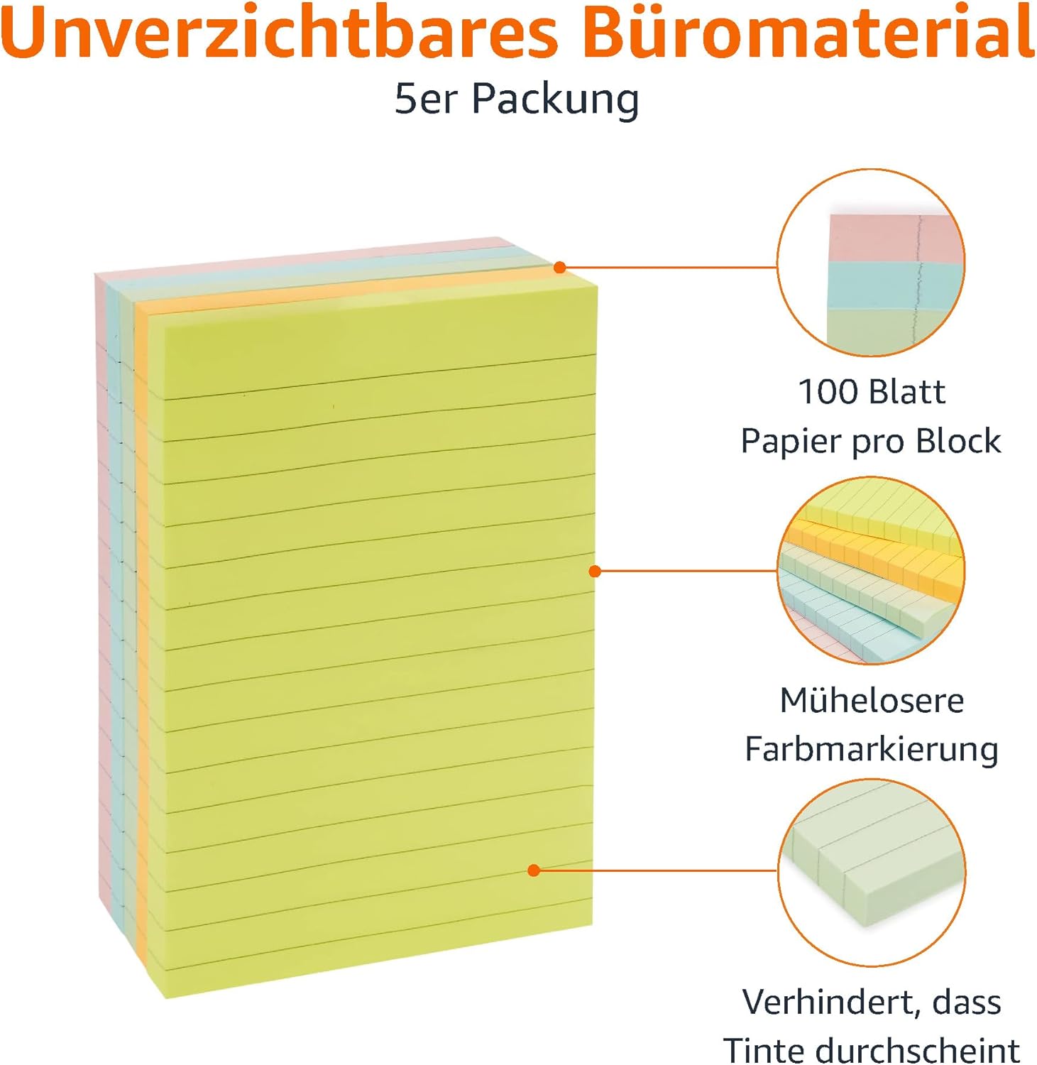 Detalle de Amazon Basics Rechteckig Mini-Haftnotizen, 10,16 × 15 cm, bunt, 5 Stück (500 Blatt insgesamt)
