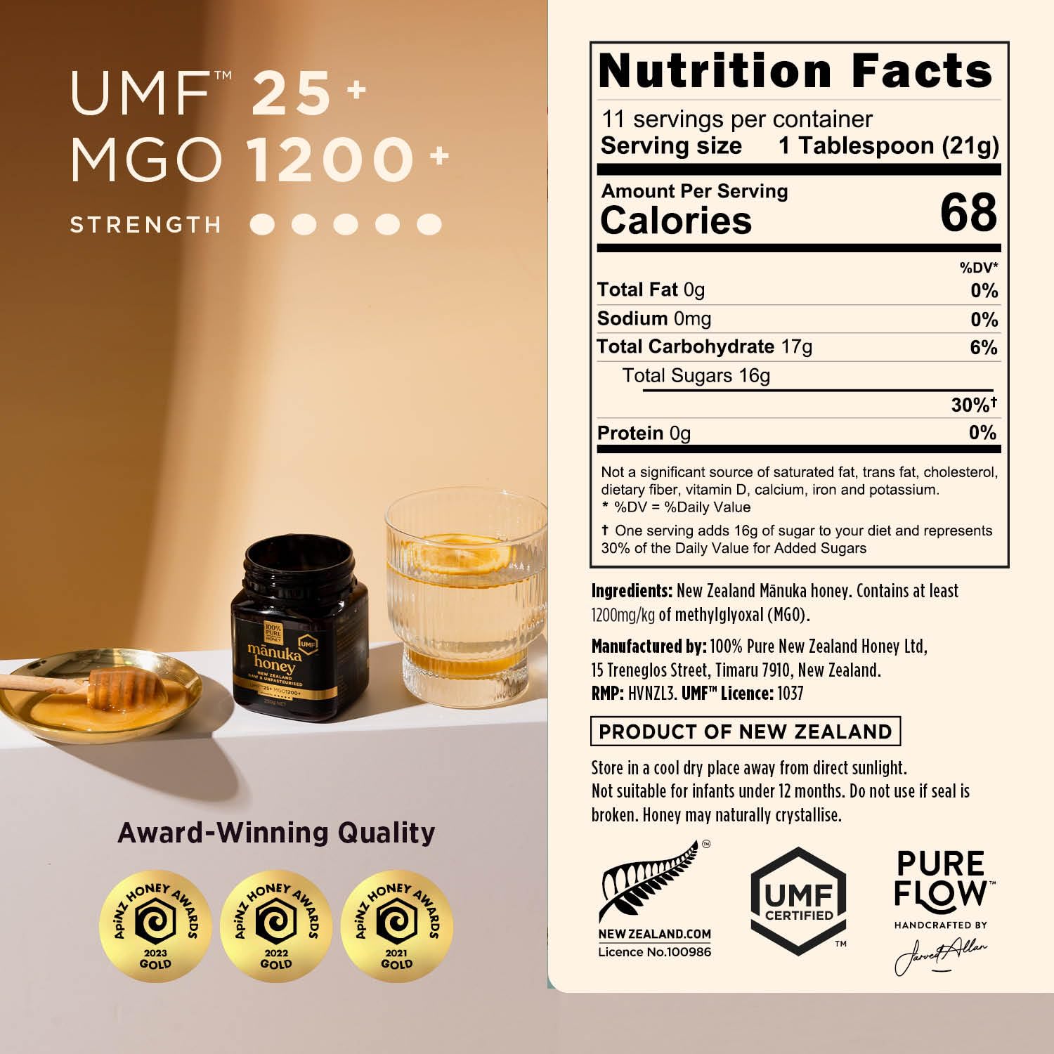 Detalle 2 de 100% Pure New Zealand Honey UMF 25+ MGO 1200+ Raw Manuka Honey, 8.8 oz