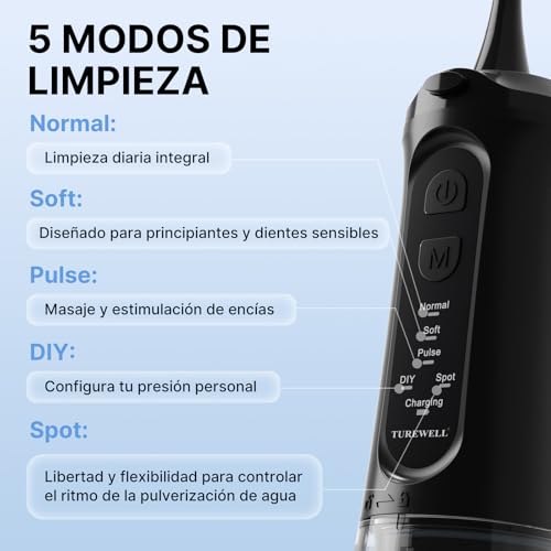 Detalle 2 de TUREWELL Idropulsore dentale portatile 310 ml con 5 modalità e 4 ugelli 🪥