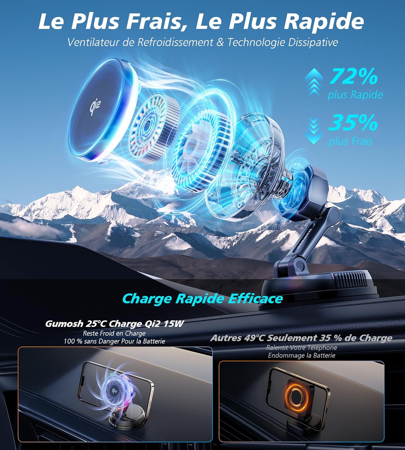 Detalle 2 de Support MagSafe pour voiture 15W avec ventilateur et éclairage RGB – charge rapide et refroidissement