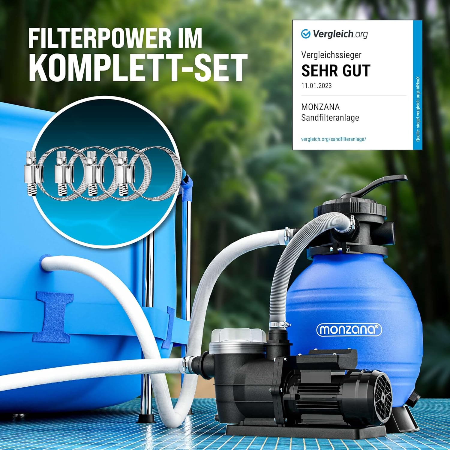 Detalle de MONZANA Sandfilteranlage SF96K 9600 L/h – selbstansaugend, 400 W, 7‑Wege Ventil, für Pools bis 30.000 L