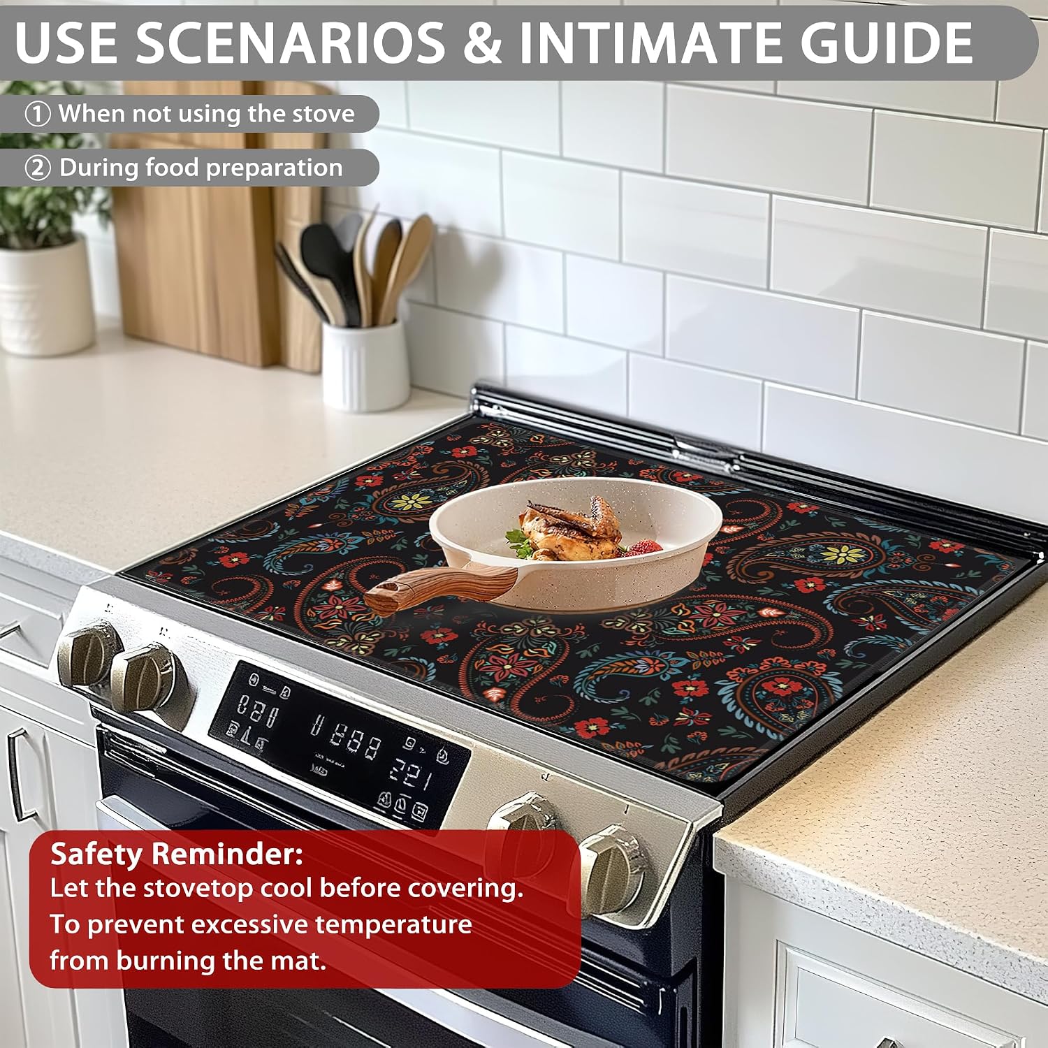 Detalle 2 de QYWETHOD Decorative Electric Stove Cover, Paisley Floral Non-Slip Mat, 28.5 x 20.5 in