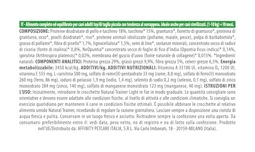 Detalle de Natural Trainer Ideal Weight Small & Toy: Cibo Light al Tacchino da 2 kg per Cani Adulti, Supporto al Peso Ideale