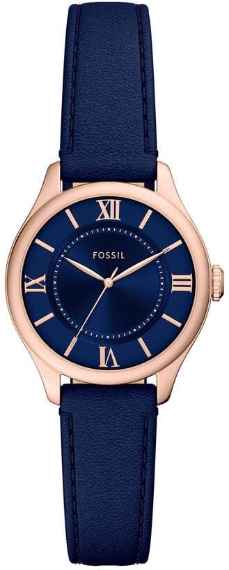 Detalle de FOSSIL Gilmore Damen-Armbanduhr – Quarz, roségoldenes Gehäuse, blaues Zifferblatt und blaues Lederarmband