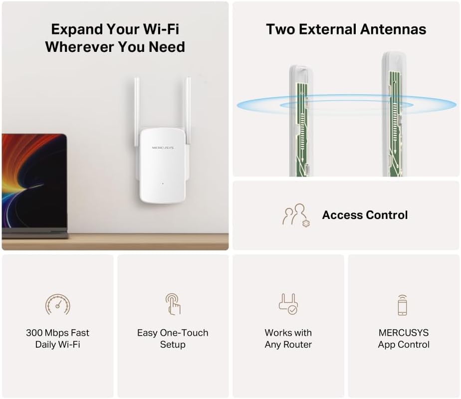 Thumbnail 1 de MERCUSYS ME12 WiFi Extender Booster with 2 External Antennas (ME12) — app control, plug and play