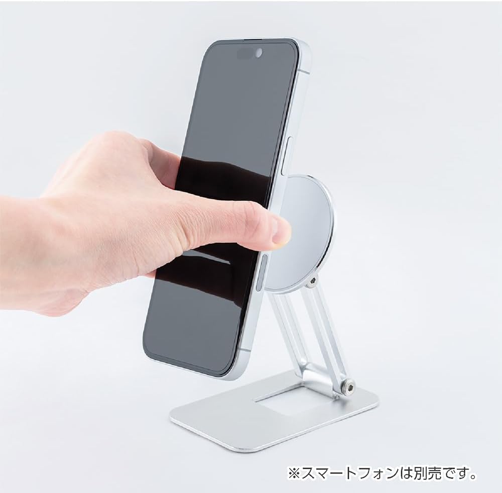 Detalle de ナカバヤシ Z1247 MCO マグネット式スマホスタンド 2軸角度調整・折りたたみ対応 シルバー