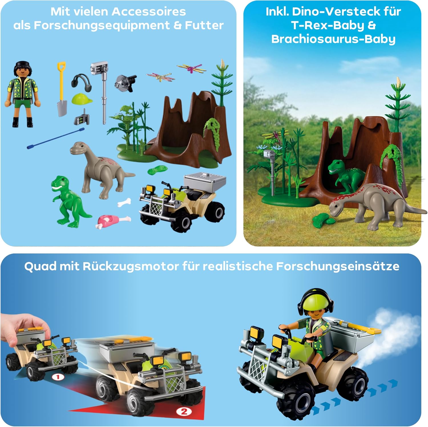 Detalle de PLAYMOBIL Dinos Dinoversteck | Dino-Forscher mit Quad, T-Rex-Baby & Brachiosaurus-Baby | 72069