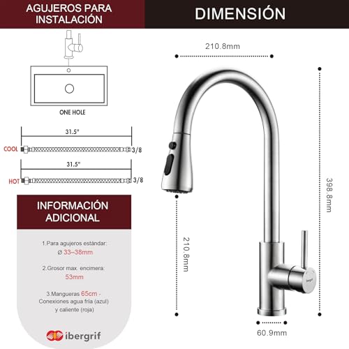 Thumbnail 1 de Ibergrif M22137 grifo de cocina extraíble con manguera, giro 360° y 3 modos de agua