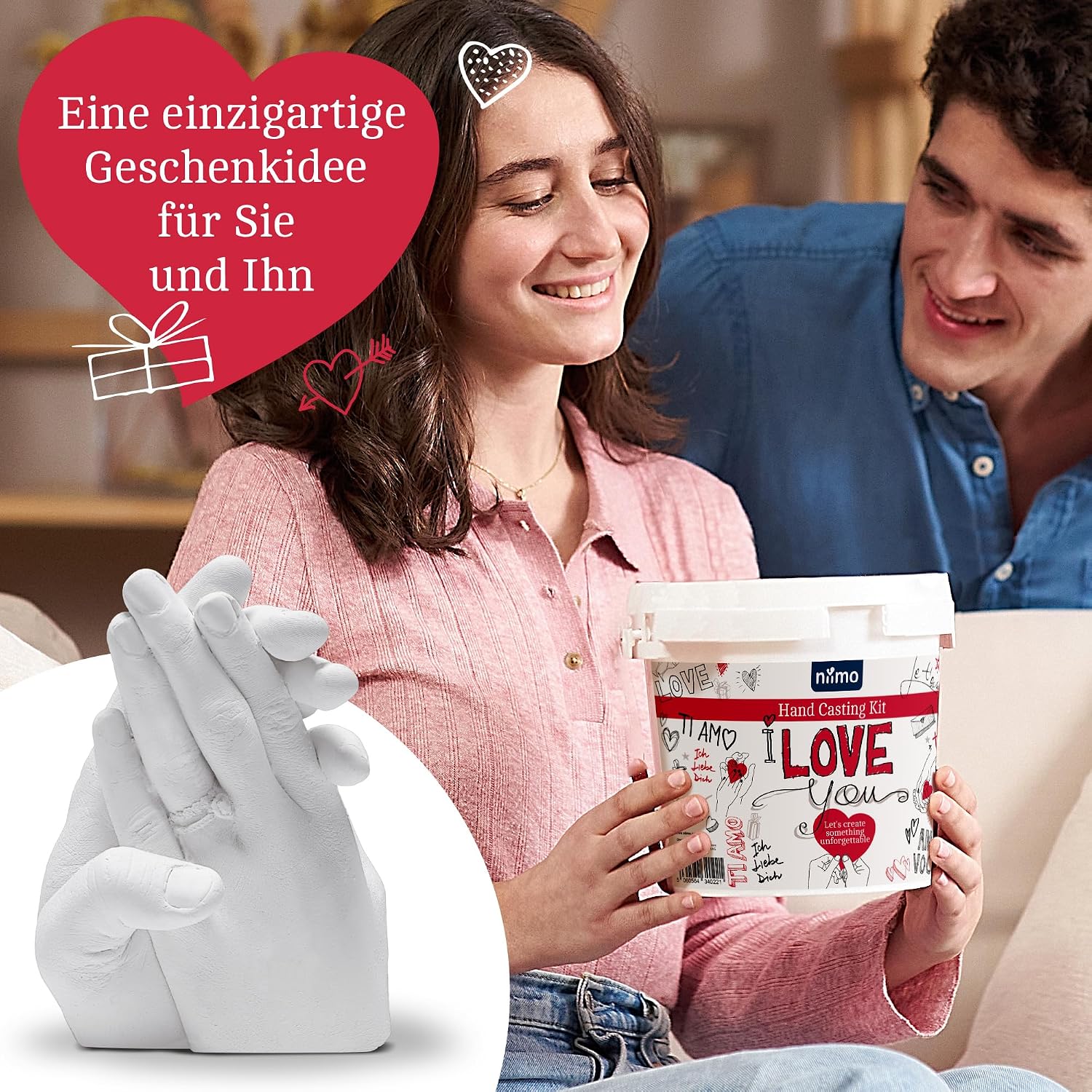 Detalle 2 de Niimo® 3D Handabdruck-Set „I love you“ für Paare – personalisierte Gipsabdruck-Hände (Video-Tutorial)